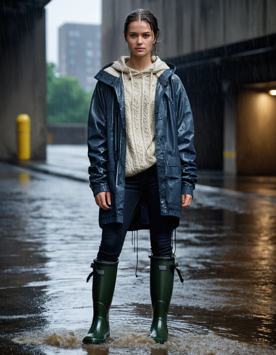 photo of young woman, in soaking wet, drenched clothes,
black rubber knee-high rain boots, fitted dark denim skinny jeans, completely soaked, clinging to skin, oversized beige cable-knit sweater, heavy with water, dripping at the hem, concrete entrance of a dimly lit parking garage, city street in the background, 
enjoying, wet clothes stuck to body,
detailed textures of the wet clothes, wet face, wet plastered hair,
wet, drenched, professional, high-quality details, full body view.
sharp focus, ultra-high pixel detail, realistic, high-quality, full colors, incredibly detailed, 4k, 8k, 16k, hyper-realistic, RAW photo, masterpiece, ultra-detailed, professionally color graded, professional photograph, caught in a torrential downpour, glistening skin, heavy rain droplets, dramatic cinematic lighting, photorealistic, 8k, high contrast, hair plastered to face, shivering expression, dry skin, dry clothes, dry fabric