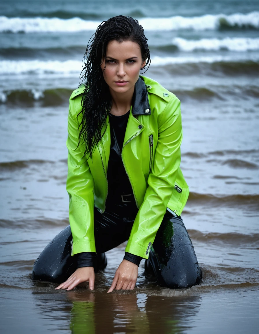 photo of young woman, in soaking wet, drenched clothes,
Black leather ankle boots, soaked and glistening , skin tight black leather jeans, saturated, water-drenched white latex shirt, neon green leather jacket, saturated, lying in the waves on the beach at night, heavy rain, drenched, close up, 
enjoying, wet clothes stuck to body,
detailed textures of the wet clothes, wet face, wet plastered hair,
wet, drenched, professional, high-quality details, full body view.
sharp focus, ultra-high pixel detail, realistic, high-quality, full colors, incredibly detailed, 4k, 8k, 16k, hyper-realistic, RAW photo, masterpiece, ultra-detailed, professionally color graded, professional photograph, streaming raindrops, fabric transparency, high-contrast water cling, cinematic lighting, photorealistic, 8k, water dripping from hem, storm aftermath atmosphere, dry skin, dry clothes, dry fabric