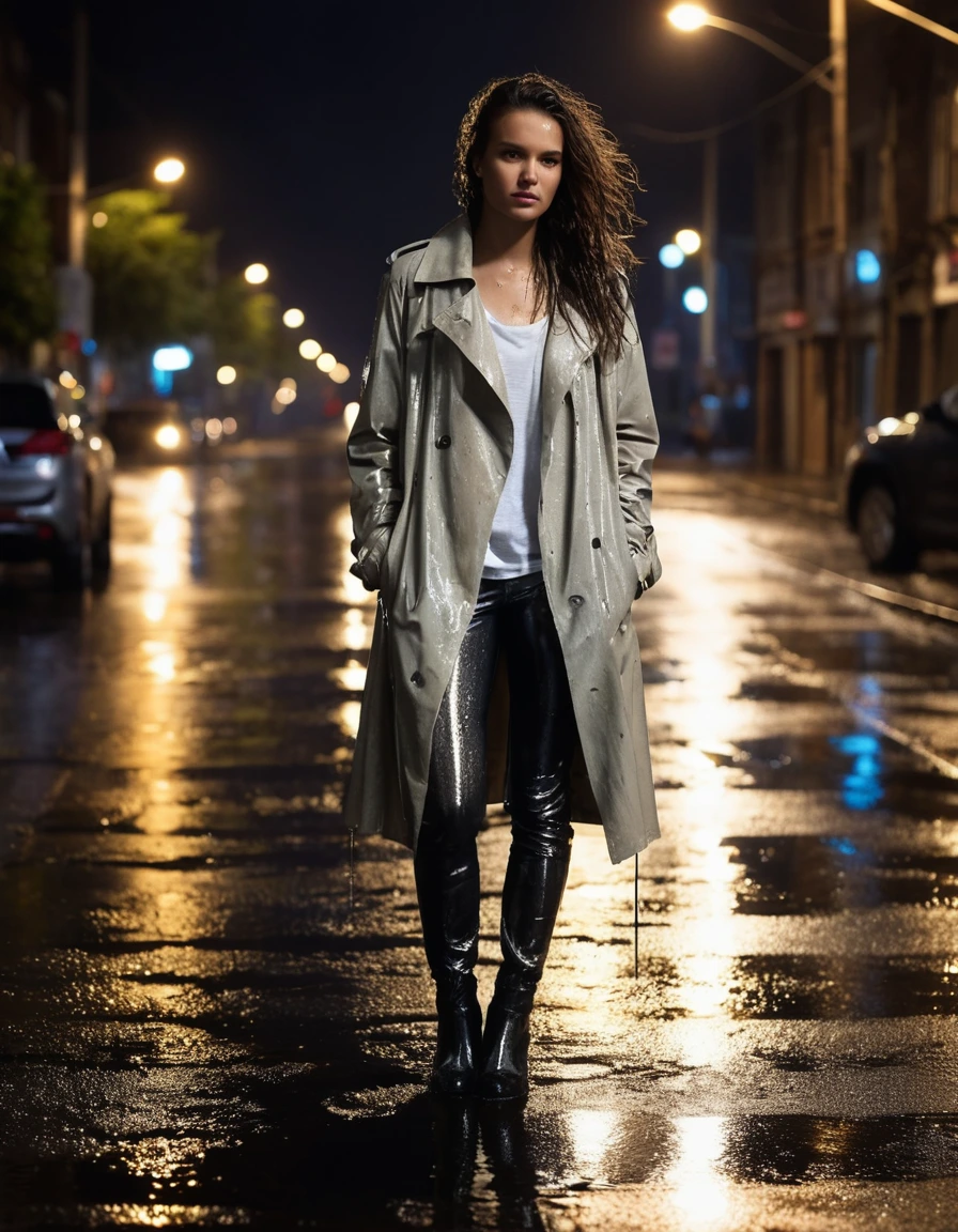 photo of young woman, in soaking wet, drenched clothes,
soaked black leather ankle boots, translucent clingy grey leggings, drenched oversized beige trench coat over a white cotton t-shirt, dimly lit suburban street at night under a rusted metal drainpipe, 
enjoying, wet clothes stuck to body,
detailed textures of the wet clothes, wet face, wet plastered hair,
wet, drenched, professional, high-quality details, full body view.
sharp focus, ultra-high pixel detail, realistic, high-quality, full colors, incredibly detailed, 4k, 8k, 16k, hyper-realistic, RAW photo, masterpiece, ultra-detailed, professionally color graded, professional photograph, heavy downpour, drenched fabric clinging to skin, glistening wet texture, vibrant city lights reflection on asphalt, sharp cinematic lighting, water droplets splashing, photorealistic, dry skin, dry clothes, dry fabric