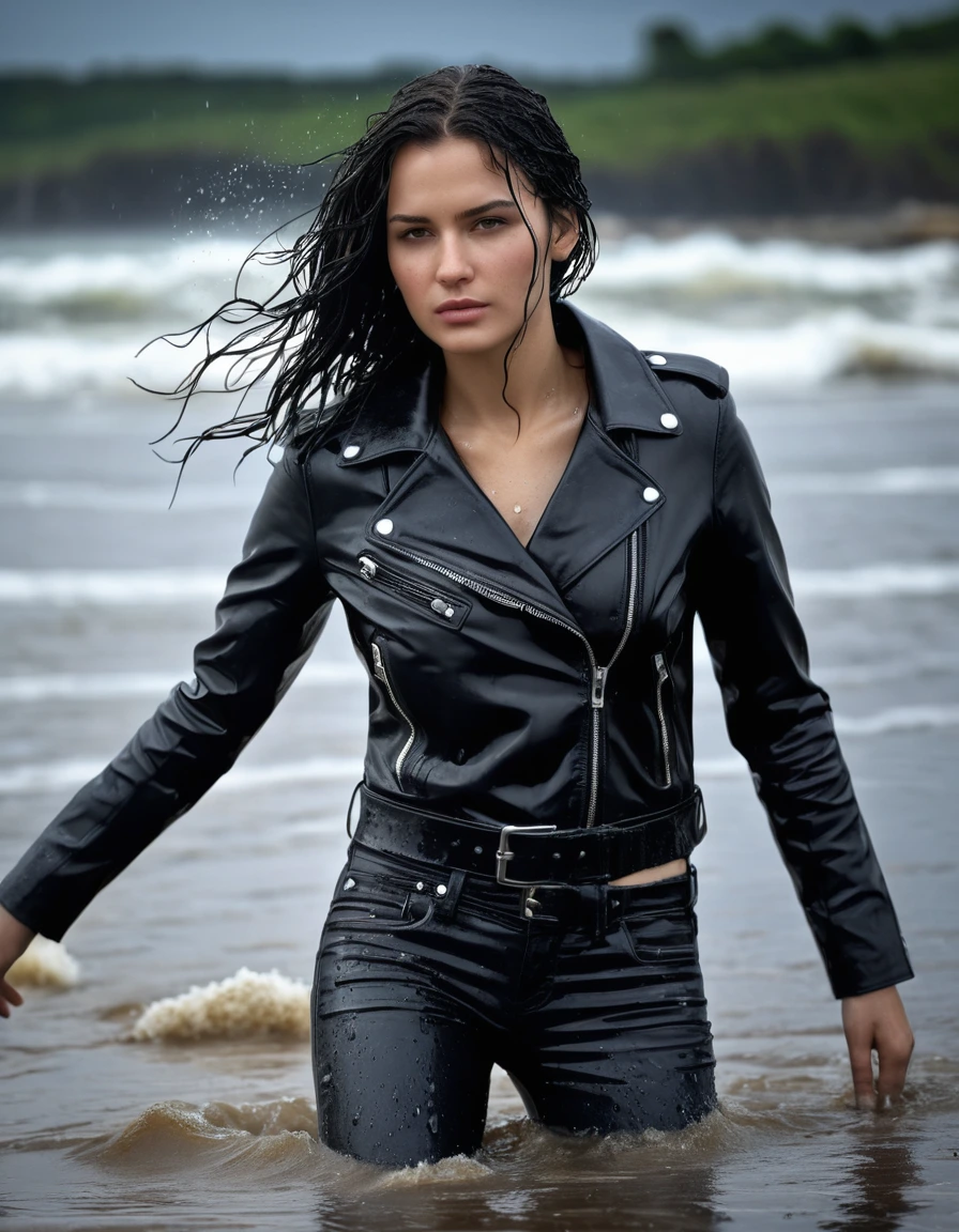 photo of young woman, in soaking wet, drenched clothes,
Black leather ankle boots, soaked and glistening , skin tight black leather jeans, saturated, water-drenched black long sleeve leather shirt, black bikers leather jacket, lying in the waves on the beach at night, heavy rain, drenched, close up, 
enjoying, wet clothes stuck to body,
detailed textures of the wet clothes, wet face, wet plastered hair,
wet, drenched, professional, high-quality details, full body view.
sharp focus, ultra-high pixel detail, realistic, high-quality, full colors, incredibly detailed, 4k, 8k, 16k, hyper-realistic, RAW photo, masterpiece, ultra-detailed, professionally color graded, professional photograph, streaming raindrops, fabric transparency, high-contrast water cling, cinematic lighting, photorealistic, 8k, water dripping from hem, storm aftermath atmosphere, dry skin, dry clothes, dry fabric
