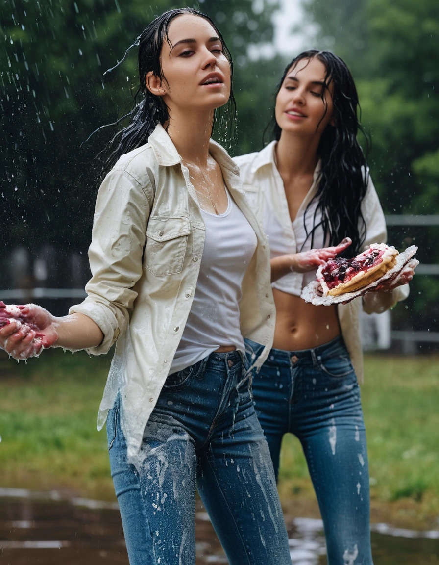 photo of young woman, in soaking wet, drenched clothes,
converse sneakers, bootcut jeans, shirt, park, 
enjoying, wet clothes stuck to body,
detailed textures of the wet clothes, wet face, wet plastered hair,
wet, drenched, professional, high-quality details, full body view.
sharp focus, ultra-high pixel detail, realistic, high-quality, full colors, incredibly detailed, 4k, 8k, 16k, hyper-realistic, RAW photo, masterpiece, ultra-detailed, professionally color graded, professional photograph, two 30 jear als black haired girls having a pie fight together. They are tolay covered in cream, dry skin, dry clothes, dry fabric