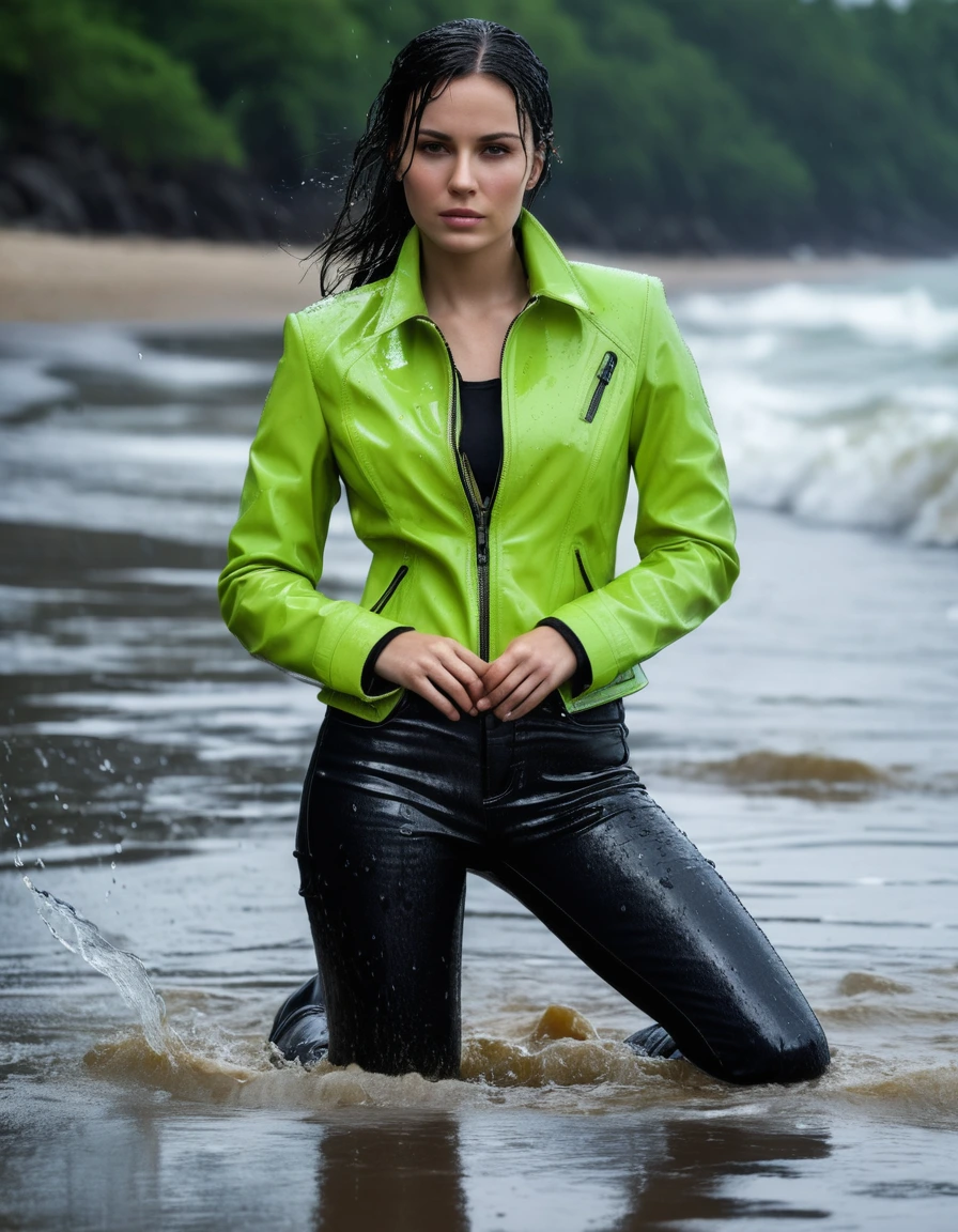 photo of young woman, in soaking wet, drenched clothes,
Black leather ankle boots, soaked and glistening , skin tight black leather jeans, saturated, water-drenched white latex shirt, neon green leather jacket, saturated, lying in the waves on the beach at night, heavy rain, drenched, close up, 
enjoying, wet clothes stuck to body,
detailed textures of the wet clothes, wet face, wet plastered hair,
wet, drenched, professional, high-quality details, full body view.
sharp focus, ultra-high pixel detail, realistic, high-quality, full colors, incredibly detailed, 4k, 8k, 16k, hyper-realistic, RAW photo, masterpiece, ultra-detailed, professionally color graded, professional photograph, streaming raindrops, fabric transparency, high-contrast water cling, cinematic lighting, photorealistic, 8k, water dripping from hem, storm aftermath atmosphere, dry skin, dry clothes, dry fabric
