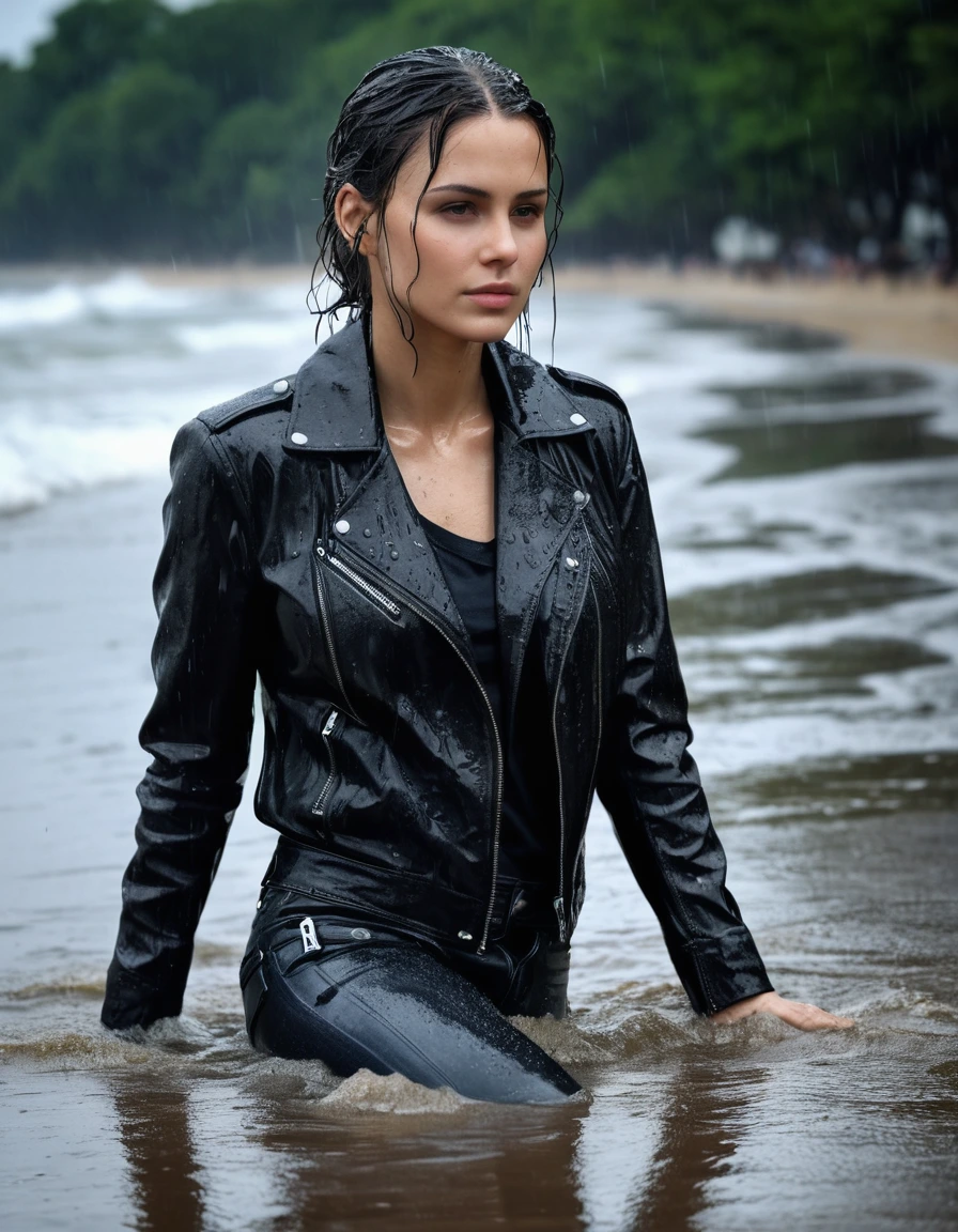 photo of young woman, in soaking wet, drenched clothes,
Black leather ankle boots, soaked and glistening , skin tight black leather jeans, saturated, water-drenched black long sleeve leather shirt, black leather jacket, saturated, lying in the waves on the beach at night, heavy rain, drenched, close up, 
enjoying, wet clothes stuck to body,
detailed textures of the wet clothes, wet face, wet plastered hair,
wet, drenched, professional, high-quality details, full body view.
sharp focus, ultra-high pixel detail, realistic, high-quality, full colors, incredibly detailed, 4k, 8k, 16k, hyper-realistic, RAW photo, masterpiece, ultra-detailed, professionally color graded, professional photograph, streaming raindrops, fabric transparency, high-contrast water cling, cinematic lighting, photorealistic, 8k, water dripping from hem, storm aftermath atmosphere, dry skin, dry clothes, dry fabric