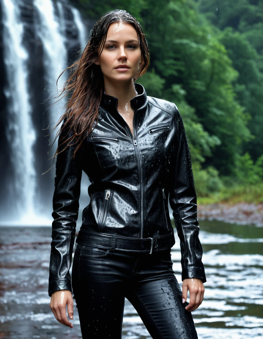 photo of young woman, in soaking wet, drenched clothes,
Black leather ankle boots, soaked and glistening , skin tight black leather jeans, saturated, water-drenched black long sleeve leather shirt, black bikers leather jacket, staning under a waterfall in the mountains, heavy rain, drenched, close up, 
enjoying, wet clothes stuck to body,
detailed textures of the wet clothes, wet face, wet plastered hair,
wet, drenched, professional, high-quality details, full body view.
sharp focus, ultra-high pixel detail, realistic, high-quality, full colors, incredibly detailed, 4k, 8k, 16k, hyper-realistic, RAW photo, masterpiece, ultra-detailed, professionally color graded, professional photograph, streaming raindrops, fabric transparency, high-contrast water cling, cinematic lighting, photorealistic, 8k, water dripping from hem, storm aftermath atmosphere, dry skin, dry clothes, dry fabric