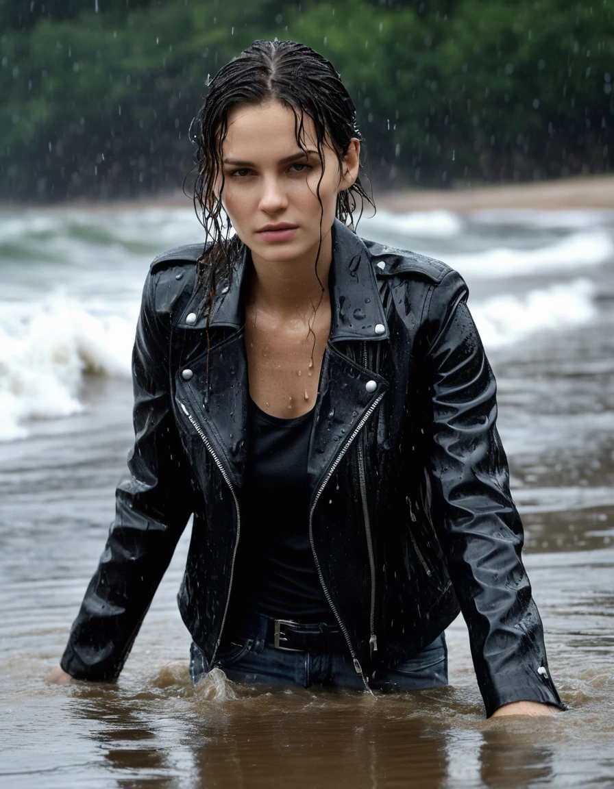 photo of young woman, in soaking wet, drenched clothes,
Black leather ankle boots, soaked and glistening , skin tight black leather jeans, saturated, water-drenched black long sleeve leather shirt, black leather jacket, saturated, lying in the waves on the beach at night, heavy rain, drenched, close up, 
enjoying, wet clothes stuck to body,
detailed textures of the wet clothes, wet face, wet plastered hair,
wet, drenched, professional, high-quality details, full body view.
sharp focus, ultra-high pixel detail, realistic, high-quality, full colors, incredibly detailed, 4k, 8k, 16k, hyper-realistic, RAW photo, masterpiece, ultra-detailed, professionally color graded, professional photograph, streaming raindrops, fabric transparency, high-contrast water cling, cinematic lighting, photorealistic, 8k, water dripping from hem, storm aftermath atmosphere, dry skin, dry clothes, dry fabric
