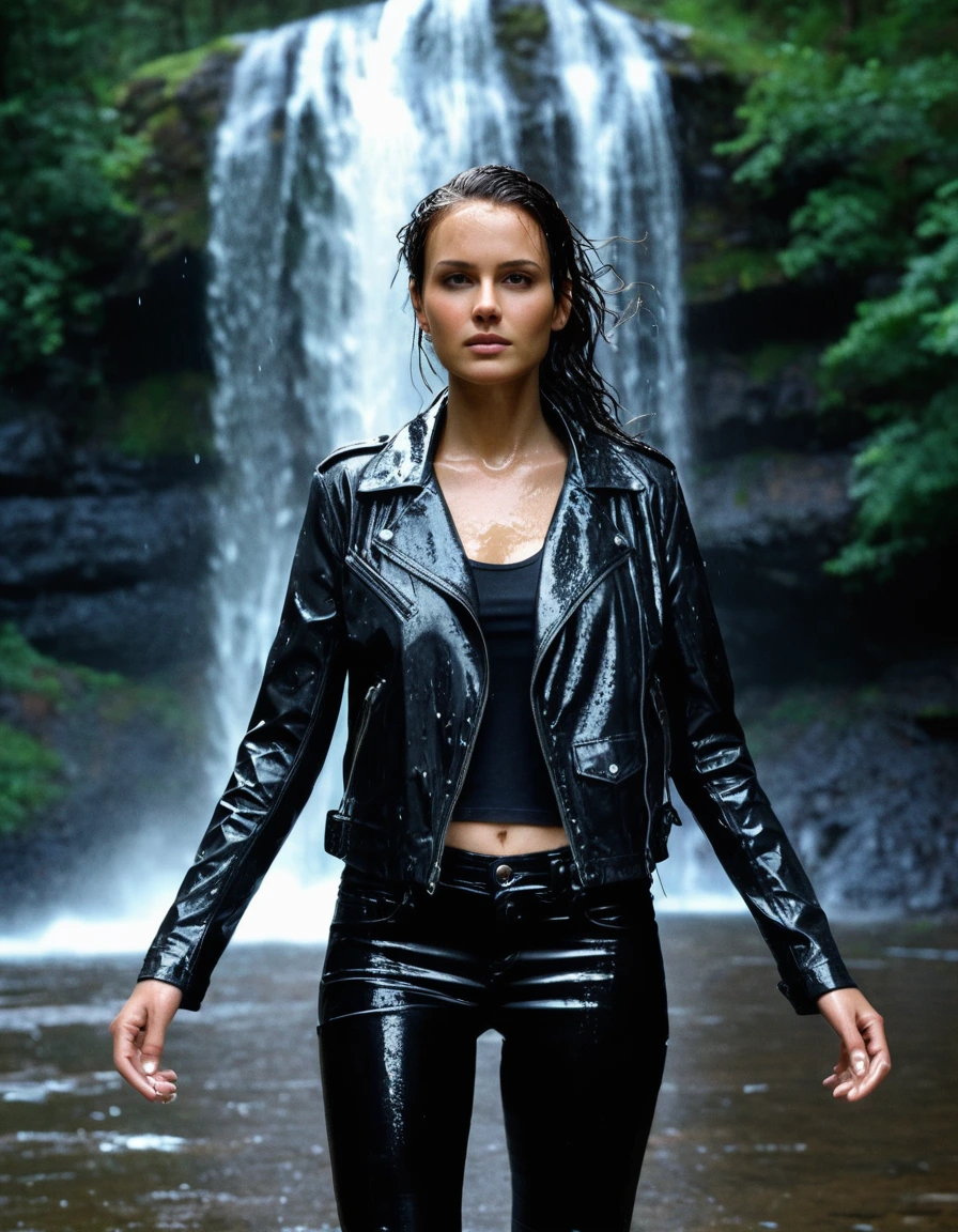 photo of young woman, in soaking wet, drenched clothes,
Black leather ankle boots, soaked and glistening , skin tight black leather jeans, saturated, water-drenched black long sleeve leather shirt, black bikers leather jacket, staning under a waterfall in the mountains, heavy rain, drenched, close up, 
enjoying, wet clothes stuck to body,
detailed textures of the wet clothes, wet face, wet plastered hair,
wet, drenched, professional, high-quality details, full body view.
sharp focus, ultra-high pixel detail, realistic, high-quality, full colors, incredibly detailed, 4k, 8k, 16k, hyper-realistic, RAW photo, masterpiece, ultra-detailed, professionally color graded, professional photograph, streaming raindrops, fabric transparency, high-contrast water cling, cinematic lighting, photorealistic, 8k, water dripping from hem, storm aftermath atmosphere, dry skin, dry clothes, dry fabric
