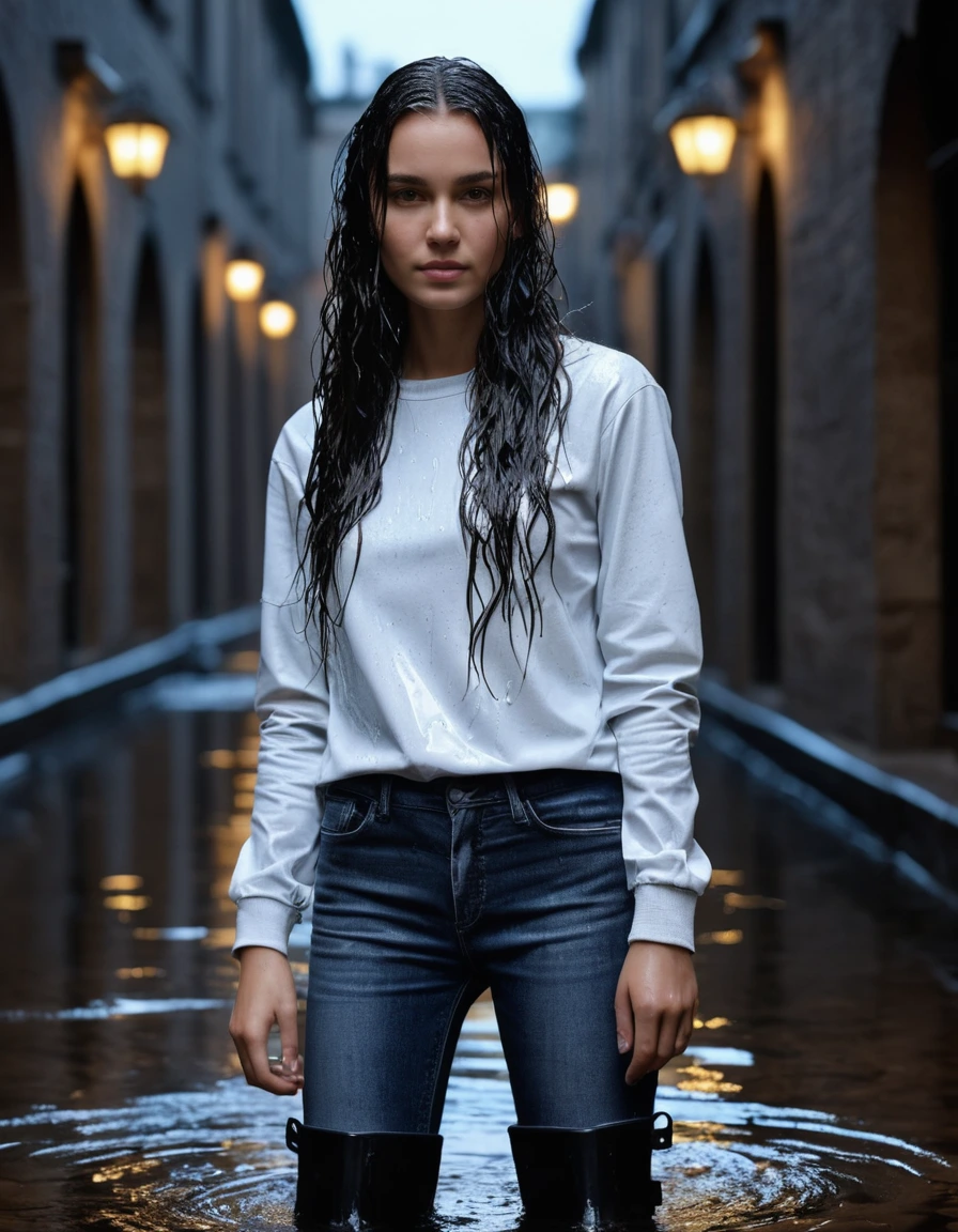 photo of young woman, in soaking wet, drenched clothes,
black rubber knee-high rain boots, fitted dark indigo leather jeans, soaked and clinging, heavy white cotton crewneck t-shirt, completely translucent from water saturation, illuminated apartment courtyard at night, wet cobblestone ground, close up, 
enjoying, wet clothes stuck to body,
detailed textures of the wet clothes, wet face, wet plastered hair,
wet, drenched, professional, high-quality details, full body view.
sharp focus, ultra-high pixel detail, realistic, high-quality, full colors, incredibly detailed, 4k, 8k, 16k, hyper-realistic, RAW photo, masterpiece, ultra-detailed, professionally color graded, professional photograph, cinematic rainy atmosphere, dramatic fountain spray backlight, beads of water dripping from hair, sharp focus, highly detailed texture, hyper-realistic, 8k resolution, glistening skin, dry skin, dry clothes, dry fabric