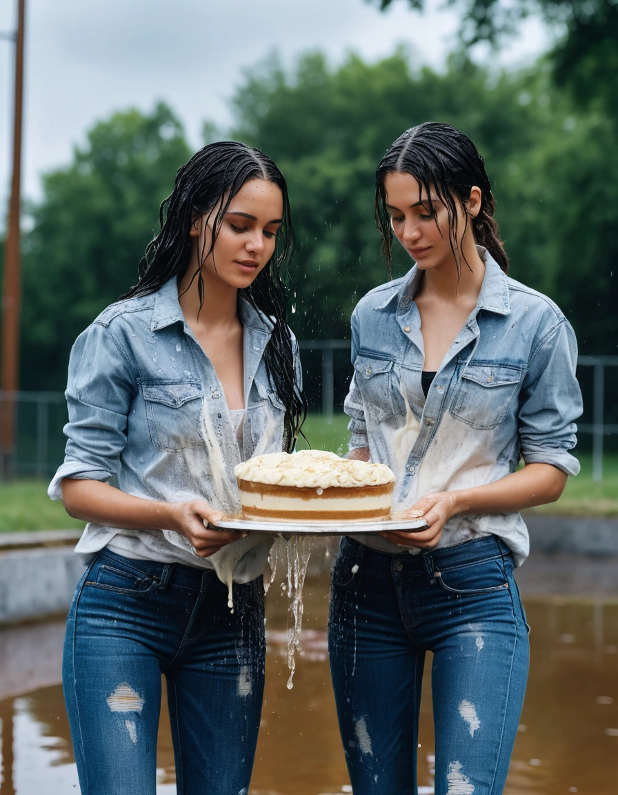 photo of young woman, in soaking wet, drenched clothes,
converse sneakers, bootcut jeans, shirt, park, 
enjoying, wet clothes stuck to body,
detailed textures of the wet clothes, wet face, wet plastered hair,
wet, drenched, professional, high-quality details, full body view.
sharp focus, ultra-high pixel detail, realistic, high-quality, full colors, incredibly detailed, 4k, 8k, 16k, hyper-realistic, RAW photo, masterpiece, ultra-detailed, professionally color graded, professional photograph, two 30 jear als black haired girls having a pie fight together. Ther hair, jeans and shirt are tolay covered in cream, dry skin, dry clothes, dry fabric