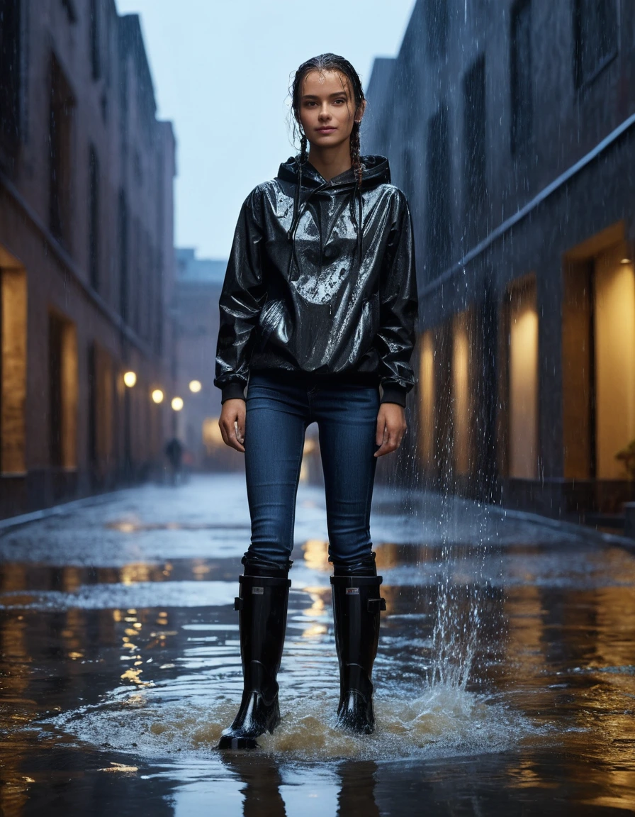 photo of young woman, in soaking wet, drenched clothes,
black rubber knee-high rain boots, fitted dark indigo leather jeans, soaked and clinging, heavy white cotton crewneck t-shirt, completely translucent from water saturation, illuminated apartment courtyard at night, wet cobblestone ground, close up, 
enjoying, wet clothes stuck to body,
detailed textures of the wet clothes, wet face, wet plastered hair,
wet, drenched, professional, high-quality details, full body view.
sharp focus, ultra-high pixel detail, realistic, high-quality, full colors, incredibly detailed, 4k, 8k, 16k, hyper-realistic, RAW photo, masterpiece, ultra-detailed, professionally color graded, professional photograph, cinematic rainy atmosphere, dramatic fountain spray backlight, beads of water dripping from hair, sharp focus, highly detailed texture, hyper-realistic, 8k resolution, glistening skin, dry skin, dry clothes, dry fabric