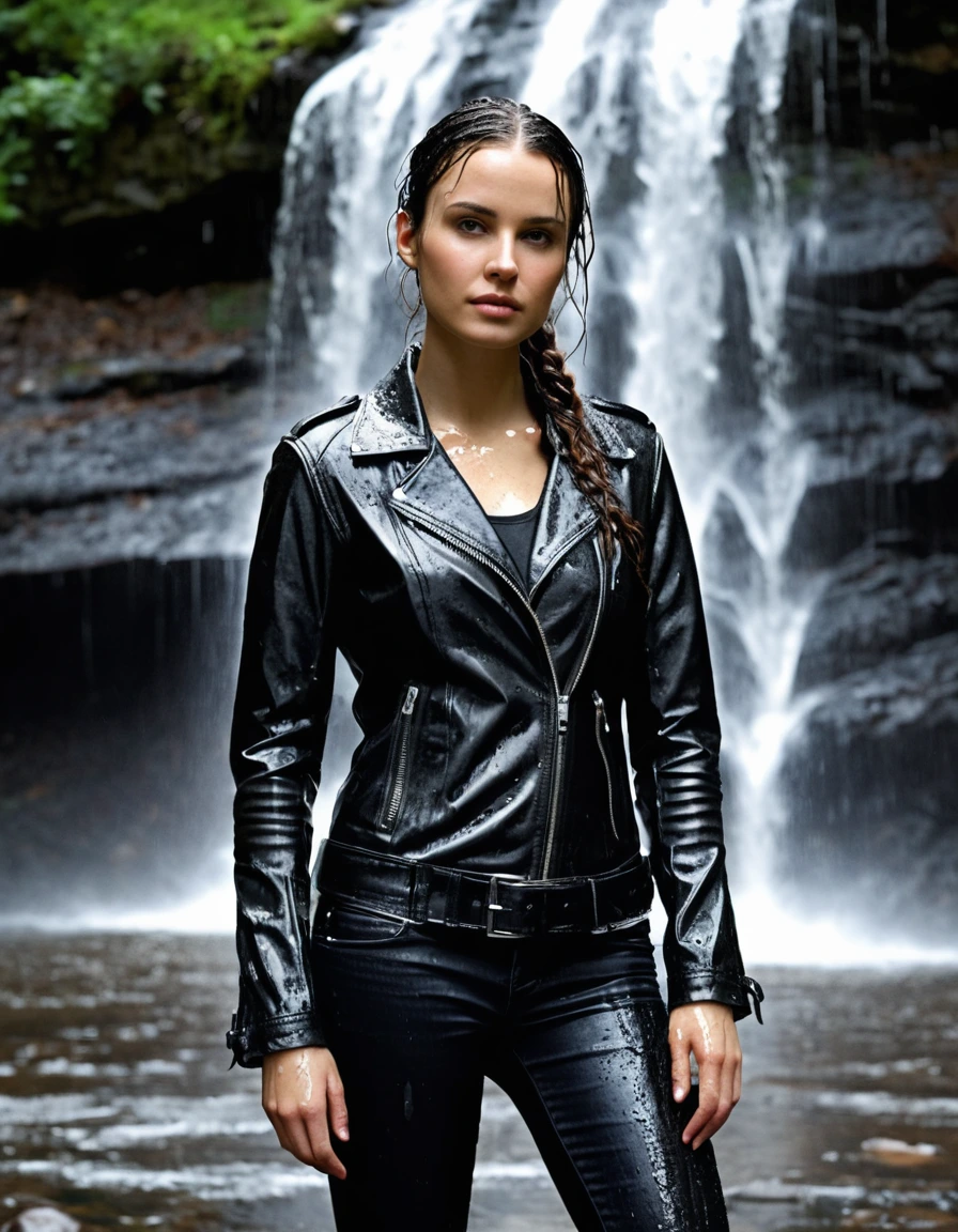 photo of young woman, in soaking wet, drenched clothes,
Black leather ankle boots, soaked and glistening , skin tight black leather jeans, saturated, water-drenched black long sleeve leather shirt, black bikers leather jacket, staning under a waterfall in the mountains, heavy rain, drenched, close up, 
enjoying, wet clothes stuck to body,
detailed textures of the wet clothes, wet face, wet plastered hair,
wet, drenched, professional, high-quality details, full body view.
sharp focus, ultra-high pixel detail, realistic, high-quality, full colors, incredibly detailed, 4k, 8k, 16k, hyper-realistic, RAW photo, masterpiece, ultra-detailed, professionally color graded, professional photograph, streaming raindrops, fabric transparency, high-contrast water cling, cinematic lighting, photorealistic, 8k, water dripping from hem, storm aftermath atmosphere, dry skin, dry clothes, dry fabric