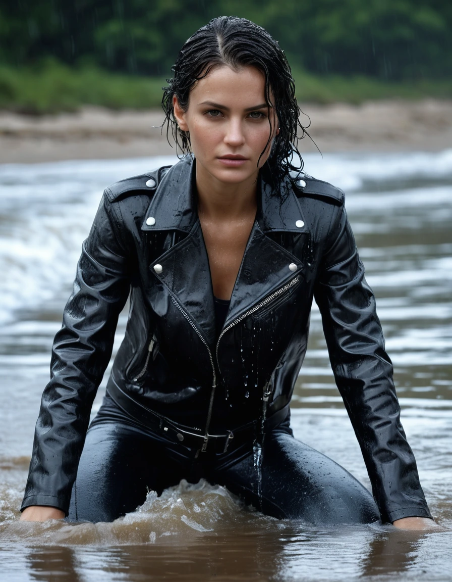 photo of young woman, in soaking wet, drenched clothes,
Black leather ankle boots, soaked and glistening , skin tight black leather jeans, saturated, water-drenched black long sleeve leather shirt, black bikers leather jacket, lying in the waves on the beach at night, heavy rain, drenched, close up, 
enjoying, wet clothes stuck to body,
detailed textures of the wet clothes, wet face, wet plastered hair,
wet, drenched, professional, high-quality details, full body view.
sharp focus, ultra-high pixel detail, realistic, high-quality, full colors, incredibly detailed, 4k, 8k, 16k, hyper-realistic, RAW photo, masterpiece, ultra-detailed, professionally color graded, professional photograph, streaming raindrops, fabric transparency, high-contrast water cling, cinematic lighting, photorealistic, 8k, water dripping from hem, storm aftermath atmosphere, dry skin, dry clothes, dry fabric