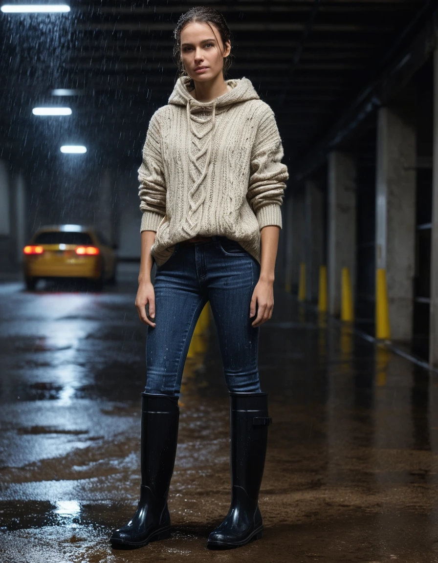 photo of young woman, in soaking wet, drenched clothes,
black rubber knee-high rain boots, fitted dark denim skinny jeans, completely soaked, clinging to skin, oversized beige cable-knit sweater, heavy with water, dripping at the hem, concrete entrance of a dimly lit parking garage, city street in the background, 
enjoying, wet clothes stuck to body,
detailed textures of the wet clothes, wet face, wet plastered hair,
wet, drenched, professional, high-quality details, full body view.
sharp focus, ultra-high pixel detail, realistic, high-quality, full colors, incredibly detailed, 4k, 8k, 16k, hyper-realistic, RAW photo, masterpiece, ultra-detailed, professionally color graded, professional photograph, caught in a torrential downpour, glistening skin, heavy rain droplets, dramatic cinematic lighting, photorealistic, 8k, high contrast, hair plastered to face, shivering expression, dry skin, dry clothes, dry fabric