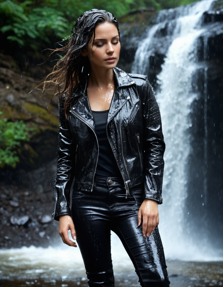 photo of young woman, in soaking wet, drenched clothes,
Black leather ankle boots, soaked and glistening , skin tight black leather jeans, saturated, water-drenched black long sleeve leather shirt, black bikers leather jacket, staning under a waterfall in the mountains, heavy rain, drenched, close up, 
enjoying, wet clothes stuck to body,
detailed textures of the wet clothes, wet face, wet plastered hair,
wet, drenched, professional, high-quality details, full body view.
sharp focus, ultra-high pixel detail, realistic, high-quality, full colors, incredibly detailed, 4k, 8k, 16k, hyper-realistic, RAW photo, masterpiece, ultra-detailed, professionally color graded, professional photograph, streaming raindrops, fabric transparency, high-contrast water cling, cinematic lighting, photorealistic, 8k, water dripping from hem, storm aftermath atmosphere, dry skin, dry clothes, dry fabric
