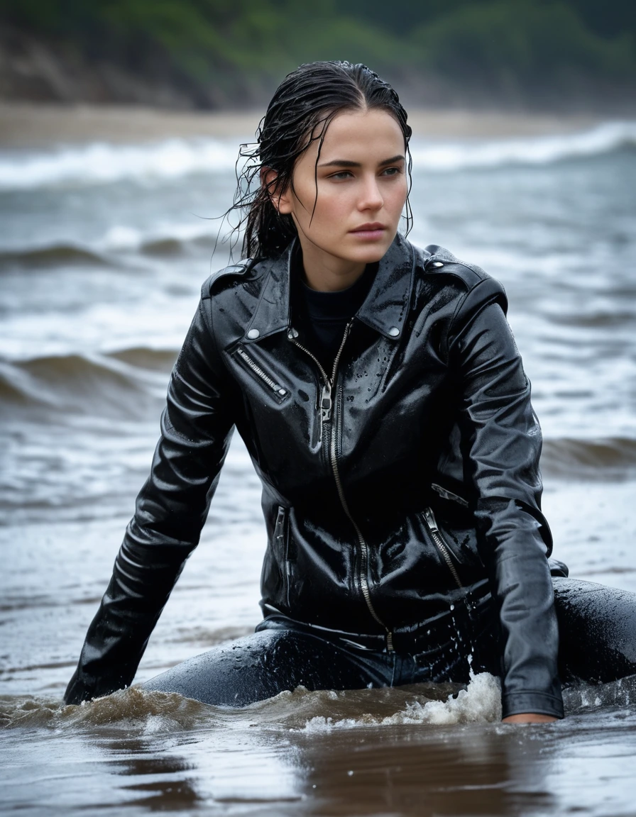 photo of young woman, in soaking wet, drenched clothes,
Black leather ankle boots, soaked and glistening , skin tight black leather jeans, saturated, water-drenched black long sleeve leather shirt, black bikers leather jacket, lying in the waves on the beach at night, heavy rain, drenched, close up, 
enjoying, wet clothes stuck to body,
detailed textures of the wet clothes, wet face, wet plastered hair,
wet, drenched, professional, high-quality details, full body view.
sharp focus, ultra-high pixel detail, realistic, high-quality, full colors, incredibly detailed, 4k, 8k, 16k, hyper-realistic, RAW photo, masterpiece, ultra-detailed, professionally color graded, professional photograph, streaming raindrops, fabric transparency, high-contrast water cling, cinematic lighting, photorealistic, 8k, water dripping from hem, storm aftermath atmosphere, dry skin, dry clothes, dry fabric