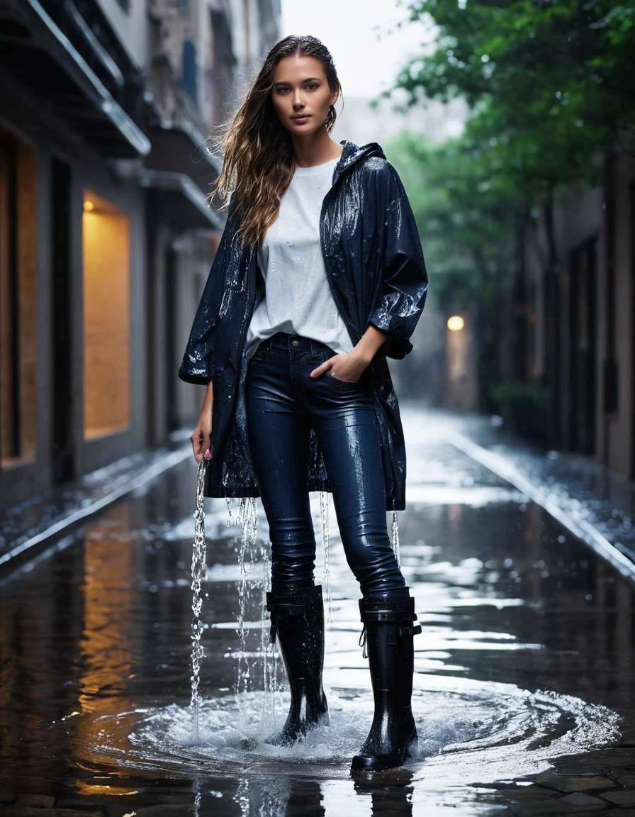 photo of young woman, in soaking wet, drenched clothes,
black rubber knee-high rain boots, fitted dark indigo leather jeans, soaked and clinging, heavy white cotton crewneck t-shirt, completely translucent from water saturation, illuminated apartment courtyard at night, wet cobblestone ground, close up, 
enjoying, wet clothes stuck to body,
detailed textures of the wet clothes, wet face, wet plastered hair,
wet, drenched, professional, high-quality details, full body view.
sharp focus, ultra-high pixel detail, realistic, high-quality, full colors, incredibly detailed, 4k, 8k, 16k, hyper-realistic, RAW photo, masterpiece, ultra-detailed, professionally color graded, professional photograph, cinematic rainy atmosphere, dramatic fountain spray backlight, beads of water dripping from hair, sharp focus, highly detailed texture, hyper-realistic, 8k resolution, glistening skin, dry skin, dry clothes, dry fabric