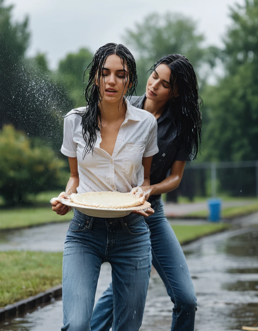 photo of young woman, in soaking wet, drenched clothes,
converse sneakers, bootcut jeans, shirt, park, 
enjoying, wet clothes stuck to body,
detailed textures of the wet clothes, wet face, wet plastered hair,
wet, drenched, professional, high-quality details, full body view.
sharp focus, ultra-high pixel detail, realistic, high-quality, full colors, incredibly detailed, 4k, 8k, 16k, hyper-realistic, RAW photo, masterpiece, ultra-detailed, professionally color graded, professional photograph, two 30 jear als black haired girls having a pie fight together. Ther hair, jeans and shirt are tolay covered in cream, dry skin, dry clothes, dry fabric