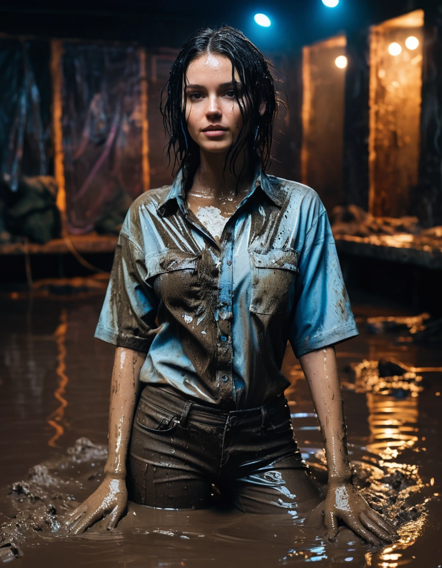 photo of young woman, in soaking wet, drenched clothes,
Muddy sneakers, muddy white bootcut jeans, Full muddy  shirt., Dark muddy indoor disco club at night. Deep mud on the floor, mud splashed walls, dripping mud from above, very dark mood lighting with pink and blue neon lights from above. Muddy chairs and sofas in the background. Her black hair and face covered in mud, 
enjoying, wet clothes stuck to body,
detailed textures of the wet clothes, wet face, wet plastered hair,
wet, drenched, professional, high-quality details, full body view.
sharp focus, ultra-high pixel detail, realistic, high-quality, full colors, incredibly detailed, 4k, 8k, 16k, hyper-realistic, RAW photo, masterpiece, ultra-detailed, professionally color graded, professional photograph, Three stunning black haired 30 years old beautiful women are wallowing together in the deep muddy pool, dry skin, dry clothes, dry fabric, dry skin, dry clothes, dry fabric