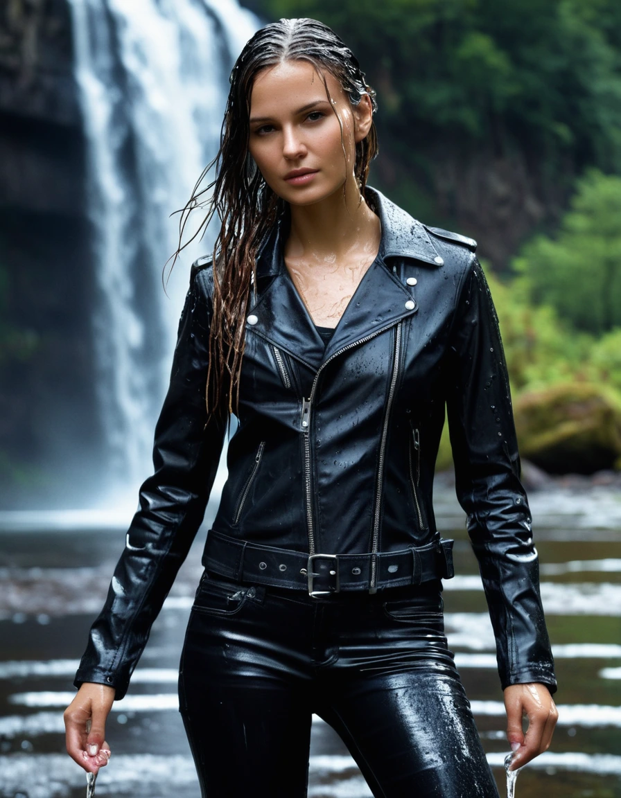 photo of young woman, in soaking wet, drenched clothes,
Black leather ankle boots, soaked and glistening , skin tight black leather jeans, saturated, water-drenched black long sleeve leather shirt, black bikers leather jacket, staning under a waterfall in the mountains, heavy rain, drenched, close up, 
enjoying, wet clothes stuck to body,
detailed textures of the wet clothes, wet face, wet plastered hair,
wet, drenched, professional, high-quality details, full body view.
sharp focus, ultra-high pixel detail, realistic, high-quality, full colors, incredibly detailed, 4k, 8k, 16k, hyper-realistic, RAW photo, masterpiece, ultra-detailed, professionally color graded, professional photograph, streaming raindrops, fabric transparency, high-contrast water cling, cinematic lighting, photorealistic, 8k, water dripping from hem, storm aftermath atmosphere, dry skin, dry clothes, dry fabric