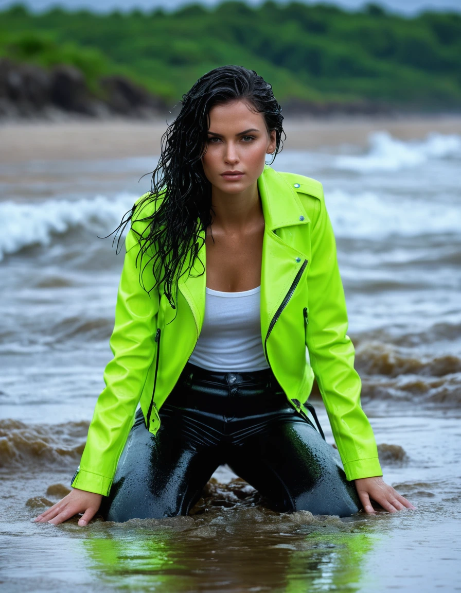 photo of young woman, in soaking wet, drenched clothes,
Black leather ankle boots, soaked and glistening , skin tight black leather jeans, saturated, water-drenched white latex shirt, neon green leather jacket, saturated, lying in the waves on the beach at night, heavy rain, drenched, close up, 
enjoying, wet clothes stuck to body,
detailed textures of the wet clothes, wet face, wet plastered hair,
wet, drenched, professional, high-quality details, full body view.
sharp focus, ultra-high pixel detail, realistic, high-quality, full colors, incredibly detailed, 4k, 8k, 16k, hyper-realistic, RAW photo, masterpiece, ultra-detailed, professionally color graded, professional photograph, streaming raindrops, fabric transparency, high-contrast water cling, cinematic lighting, photorealistic, 8k, water dripping from hem, storm aftermath atmosphere, dry skin, dry clothes, dry fabric