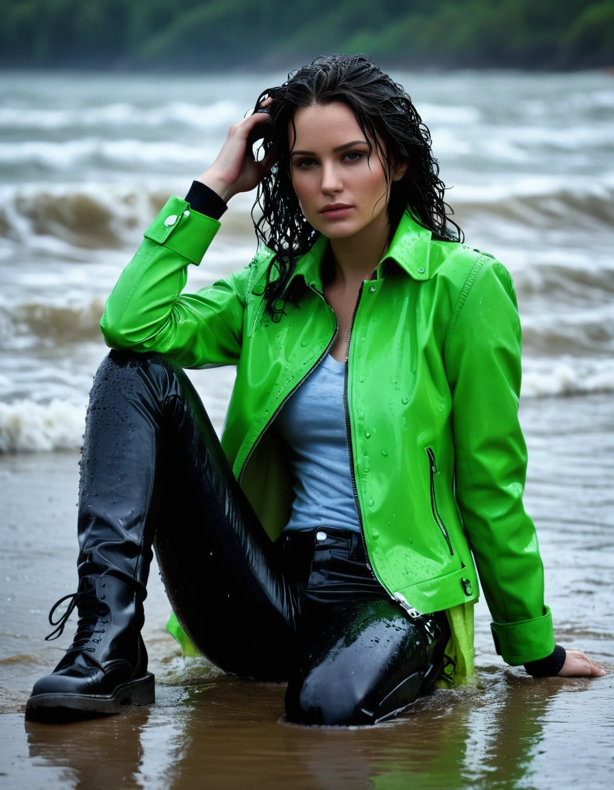 photo of young woman, in soaking wet, drenched clothes,
Black leather ankle boots, soaked and glistening , skin tight black leather jeans, saturated, water-drenched white latex shirt, neon green leather jacket, saturated, lying in the waves on the beach at night, heavy rain, drenched, close up, 
enjoying, wet clothes stuck to body,
detailed textures of the wet clothes, wet face, wet plastered hair,
wet, drenched, professional, high-quality details, full body view.
sharp focus, ultra-high pixel detail, realistic, high-quality, full colors, incredibly detailed, 4k, 8k, 16k, hyper-realistic, RAW photo, masterpiece, ultra-detailed, professionally color graded, professional photograph, streaming raindrops, fabric transparency, high-contrast water cling, cinematic lighting, photorealistic, 8k, water dripping from hem, storm aftermath atmosphere, dry skin, dry clothes, dry fabric
