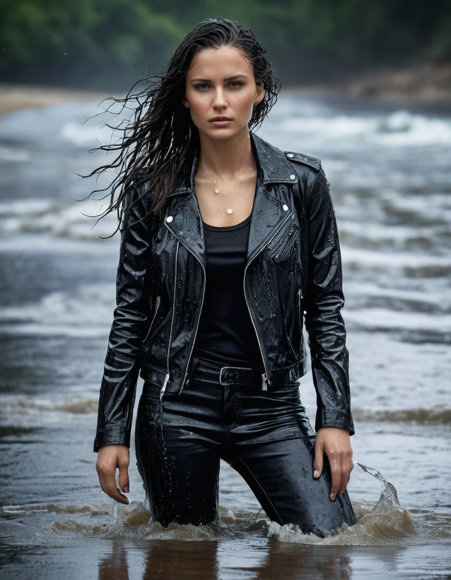 photo of young woman, in soaking wet, drenched clothes,
Black leather ankle boots, soaked and glistening , skin tight black leather jeans, saturated, water-drenched black long sleeve leather shirt, black bikers leather jacket, lying in the waves on the beach at night, heavy rain, drenched, close up, 
enjoying, wet clothes stuck to body,
detailed textures of the wet clothes, wet face, wet plastered hair,
wet, drenched, professional, high-quality details, full body view.
sharp focus, ultra-high pixel detail, realistic, high-quality, full colors, incredibly detailed, 4k, 8k, 16k, hyper-realistic, RAW photo, masterpiece, ultra-detailed, professionally color graded, professional photograph, streaming raindrops, fabric transparency, high-contrast water cling, cinematic lighting, photorealistic, 8k, water dripping from hem, storm aftermath atmosphere, dry skin, dry clothes, dry fabric
