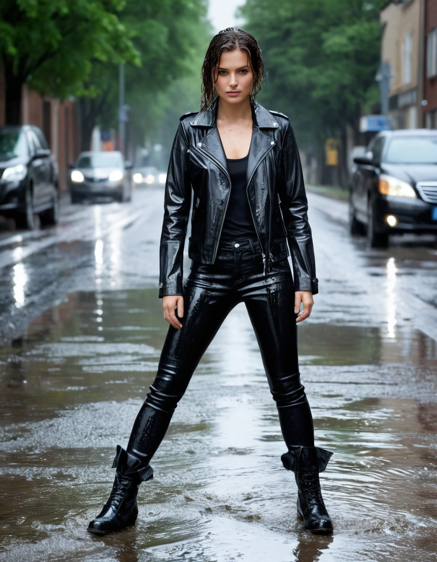 photo of young woman, in soaking wet, drenched clothes,
Black leather ankle boots, soaked and glistening , skin tight black leather jeans, saturated, water-drenched black long sleeve leather shirt, black bikers leather jacket, elegant hotel driveway, wet pavement reflecting bright daylight, drenched, close up, 
enjoying, wet clothes stuck to body,
detailed textures of the wet clothes, wet face, wet plastered hair,
wet, drenched, professional, high-quality details, full body view.
sharp focus, ultra-high pixel detail, realistic, high-quality, full colors, incredibly detailed, 4k, 8k, 16k, hyper-realistic, RAW photo, masterpiece, ultra-detailed, professionally color graded, professional photograph, streaming raindrops, fabric transparency, high-contrast water cling, cinematic lighting, photorealistic, 8k, water dripping from hem, storm aftermath atmosphere, dry skin, dry clothes, dry fabric