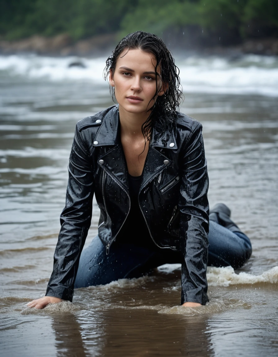 photo of young woman, in soaking wet, drenched clothes,
Black leather ankle boots, soaked and glistening , skin tight black leather jeans, saturated, water-drenched black long sleeve leather shirt, black leather jacket, saturated, lying in the waves on the beach at night, heavy rain, drenched, close up, 
enjoying, wet clothes stuck to body,
detailed textures of the wet clothes, wet face, wet plastered hair,
wet, drenched, professional, high-quality details, full body view.
sharp focus, ultra-high pixel detail, realistic, high-quality, full colors, incredibly detailed, 4k, 8k, 16k, hyper-realistic, RAW photo, masterpiece, ultra-detailed, professionally color graded, professional photograph, streaming raindrops, fabric transparency, high-contrast water cling, cinematic lighting, photorealistic, 8k, water dripping from hem, storm aftermath atmosphere, dry skin, dry clothes, dry fabric