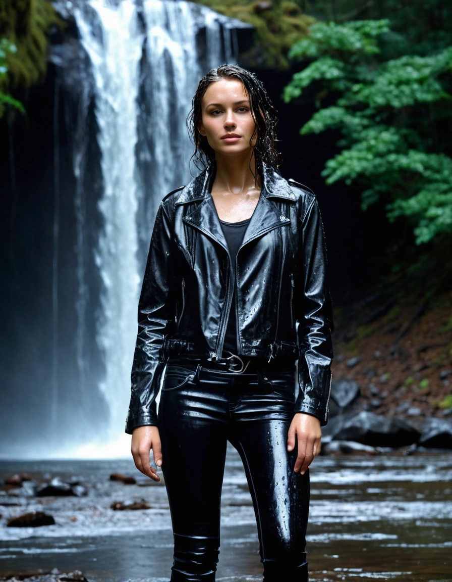photo of young woman, in soaking wet, drenched clothes,
Black leather ankle boots, soaked and glistening , skin tight black leather jeans, saturated, water-drenched black long sleeve leather shirt, black bikers leather jacket, staning under a waterfall in the mountains, heavy rain, drenched, close up, 
enjoying, wet clothes stuck to body,
detailed textures of the wet clothes, wet face, wet plastered hair,
wet, drenched, professional, high-quality details, full body view.
sharp focus, ultra-high pixel detail, realistic, high-quality, full colors, incredibly detailed, 4k, 8k, 16k, hyper-realistic, RAW photo, masterpiece, ultra-detailed, professionally color graded, professional photograph, streaming raindrops, fabric transparency, high-contrast water cling, cinematic lighting, photorealistic, 8k, water dripping from hem, storm aftermath atmosphere, dry skin, dry clothes, dry fabric