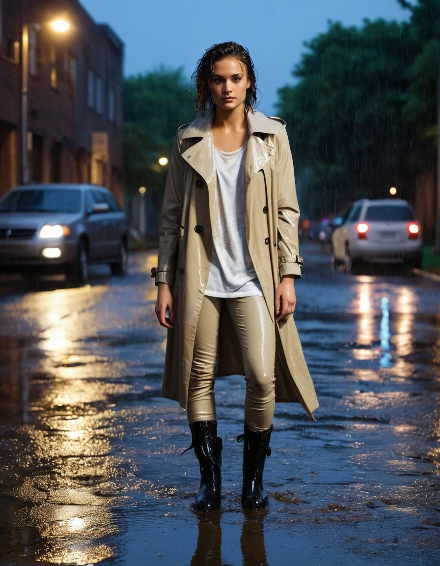 photo of young woman, in soaking wet, drenched clothes,
soaked black leather ankle boots, translucent clingy grey leggings, drenched oversized beige trench coat over a white cotton t-shirt, dimly lit suburban street at night under a rusted metal drainpipe, 
enjoying, wet clothes stuck to body,
detailed textures of the wet clothes, wet face, wet plastered hair,
wet, drenched, professional, high-quality details, full body view.
sharp focus, ultra-high pixel detail, realistic, high-quality, full colors, incredibly detailed, 4k, 8k, 16k, hyper-realistic, RAW photo, masterpiece, ultra-detailed, professionally color graded, professional photograph, heavy downpour, drenched fabric clinging to skin, glistening wet texture, vibrant city lights reflection on asphalt, sharp cinematic lighting, water droplets splashing, photorealistic, dry skin, dry clothes, dry fabric