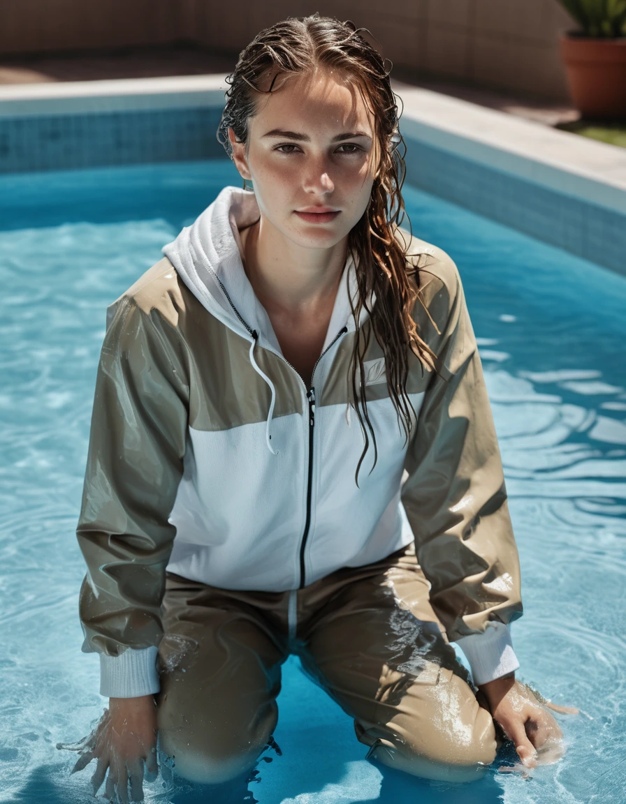 photo of young woman, in soaking wet, drenched clothes,
Sneakers, Khaki pants, Long sleeve plain white t-shirt wet, Pool, 
enjoying, wet clothes stuck to body,
detailed textures of the wet clothes, wet face, wet plastered hair,
wet, drenched, professional, high-quality details, full body view.
sharp focus, ultra-high pixel detail, realistic, high-quality, full colors, incredibly detailed, 4k, 8k, 16k, hyper-realistic, RAW photo, masterpiece, ultra-detailed, professionally color graded, professional photograph, dry skin, dry clothes, dry fabric
