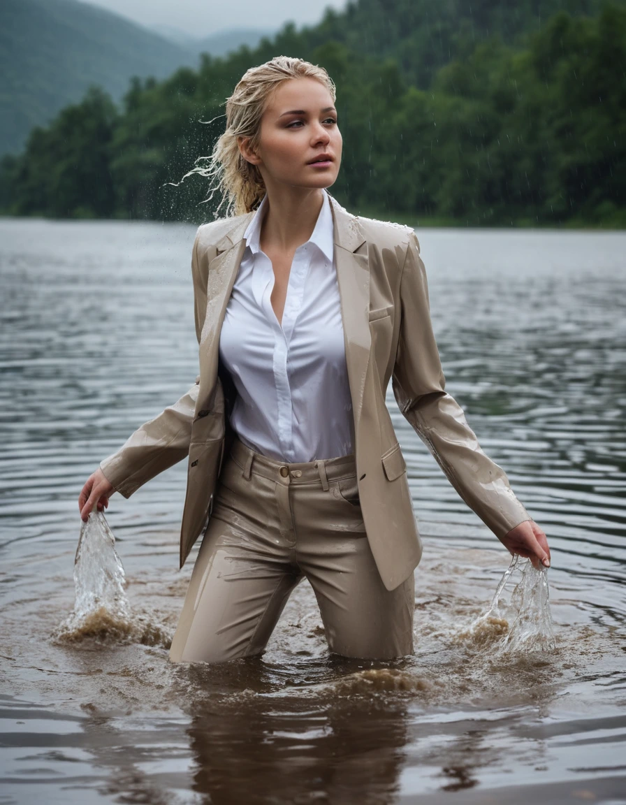 photo of young woman, in soaking wet, drenched clothes,
Beige Long Business Trouser, Beige Business Suit Jacket with white button down business shirt longsleeve, Clear Mountain lake with heavy rain, 
enjoying, wet clothes stuck to body,
detailed textures of the wet clothes, wet face, wet plastered hair,
wet, drenched, professional, high-quality details, full body view.
sharp focus, ultra-high pixel detail, realistic, high-quality, full colors, incredibly detailed, 4k, 8k, 16k, hyper-realistic, RAW photo, masterpiece, ultra-detailed, professionally color graded, professional photograph, young elegant beautiful white Blonde women, breast deep submerged, under a big rainshower, fully clothed, completely soaked, fully drenched, completely wet, wetlook, heavy rain, side parting, long hair, rain storm, looks confidently into camera,, dry skin, dry clothes, dry fabric
