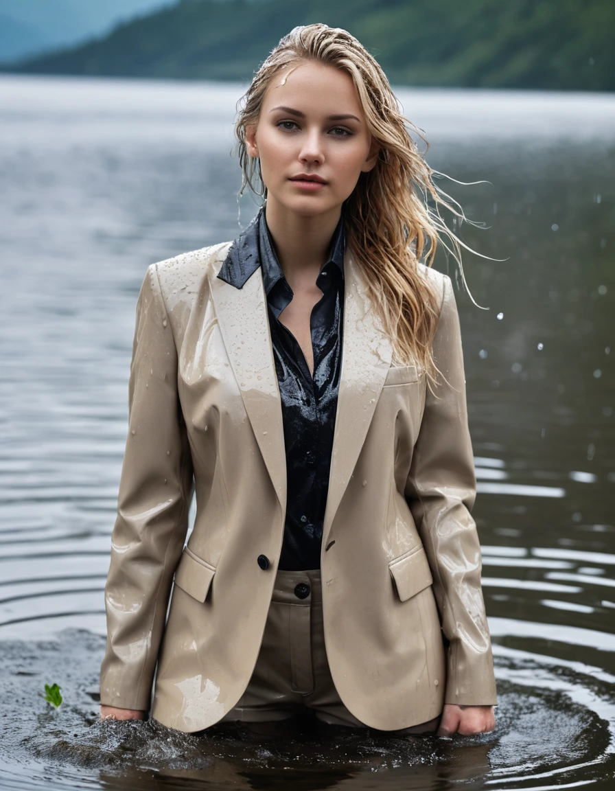 photo of young woman, in soaking wet, drenched clothes,
Beige Long Business Trouser, Beige Business Suit Jacket with Black button down business shirt longsleeve, Clear Mountain lake with heavy rain, 
enjoying, wet clothes stuck to body,
detailed textures of the wet clothes, wet face, wet plastered hair,
wet, drenched, professional, high-quality details, full body view.
sharp focus, ultra-high pixel detail, realistic, high-quality, full colors, incredibly detailed, 4k, 8k, 16k, hyper-realistic, RAW photo, masterpiece, ultra-detailed, professionally color graded, professional photograph, young elegant beautiful white Blonde women, breast deep submerged, under a big rainshower, fully clothed, completely soaked, fully drenched, completely wet, wetlook, heavy rain, side parting, long hair, rain storm, looks confidently into camera,, dry skin, dry clothes, dry fabric