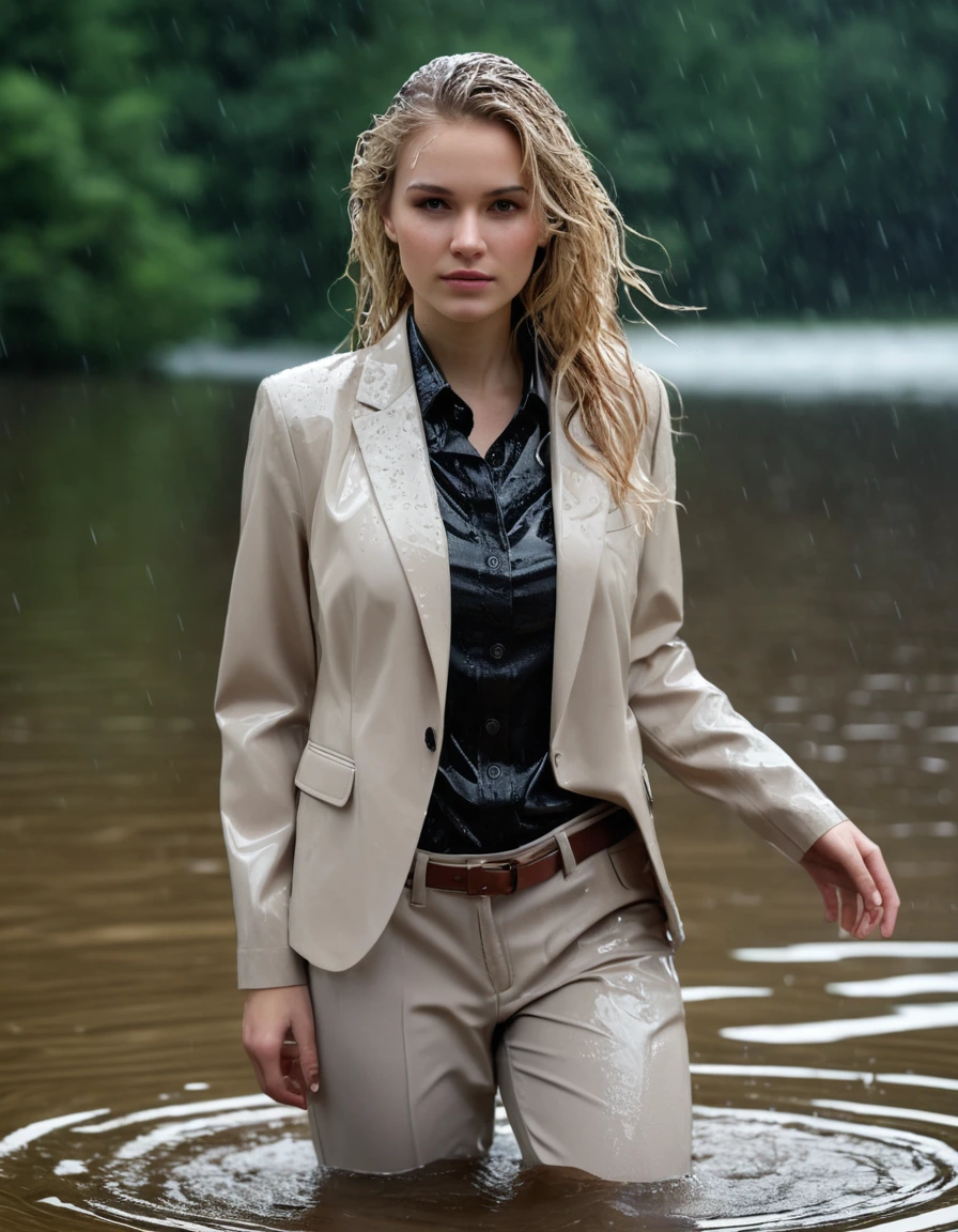 photo of young woman, in soaking wet, drenched clothes,
Beige Long Business Trouser, Beige Business Suit Jacket with Black button down business shirt longsleeve, Clear Mountain lake with heavy rain, 
enjoying, wet clothes stuck to body,
detailed textures of the wet clothes, wet face, wet plastered hair,
wet, drenched, professional, high-quality details, full body view.
sharp focus, ultra-high pixel detail, realistic, high-quality, full colors, incredibly detailed, 4k, 8k, 16k, hyper-realistic, RAW photo, masterpiece, ultra-detailed, professionally color graded, professional photograph, young elegant beautiful white Blonde women, breast deep submerged, under a big rainshower, fully clothed, completely soaked, fully drenched, completely wet, wetlook, heavy rain, side parting, long hair, rain storm, looks confidently into camera,, dry skin, dry clothes, dry fabric