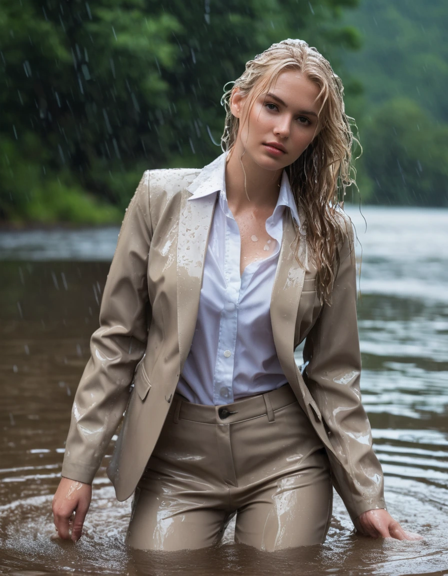 photo of young woman, in soaking wet, drenched clothes,
Beige Long Business Trouser, Beige Business Suit Jacket with white button down business shirt longsleeve, Clear Mountain lake with heavy rain, 
enjoying, wet clothes stuck to body,
detailed textures of the wet clothes, wet face, wet plastered hair,
wet, drenched, professional, high-quality details, full body view.
sharp focus, ultra-high pixel detail, realistic, high-quality, full colors, incredibly detailed, 4k, 8k, 16k, hyper-realistic, RAW photo, masterpiece, ultra-detailed, professionally color graded, professional photograph, young elegant beautiful white Blonde women, breast deep submerged, under a big rainshower, fully clothed, completely soaked, fully drenched, completely wet, wetlook, heavy rain, side parting, long hair, rain storm, looks confidently into camera,, dry skin, dry clothes, dry fabric