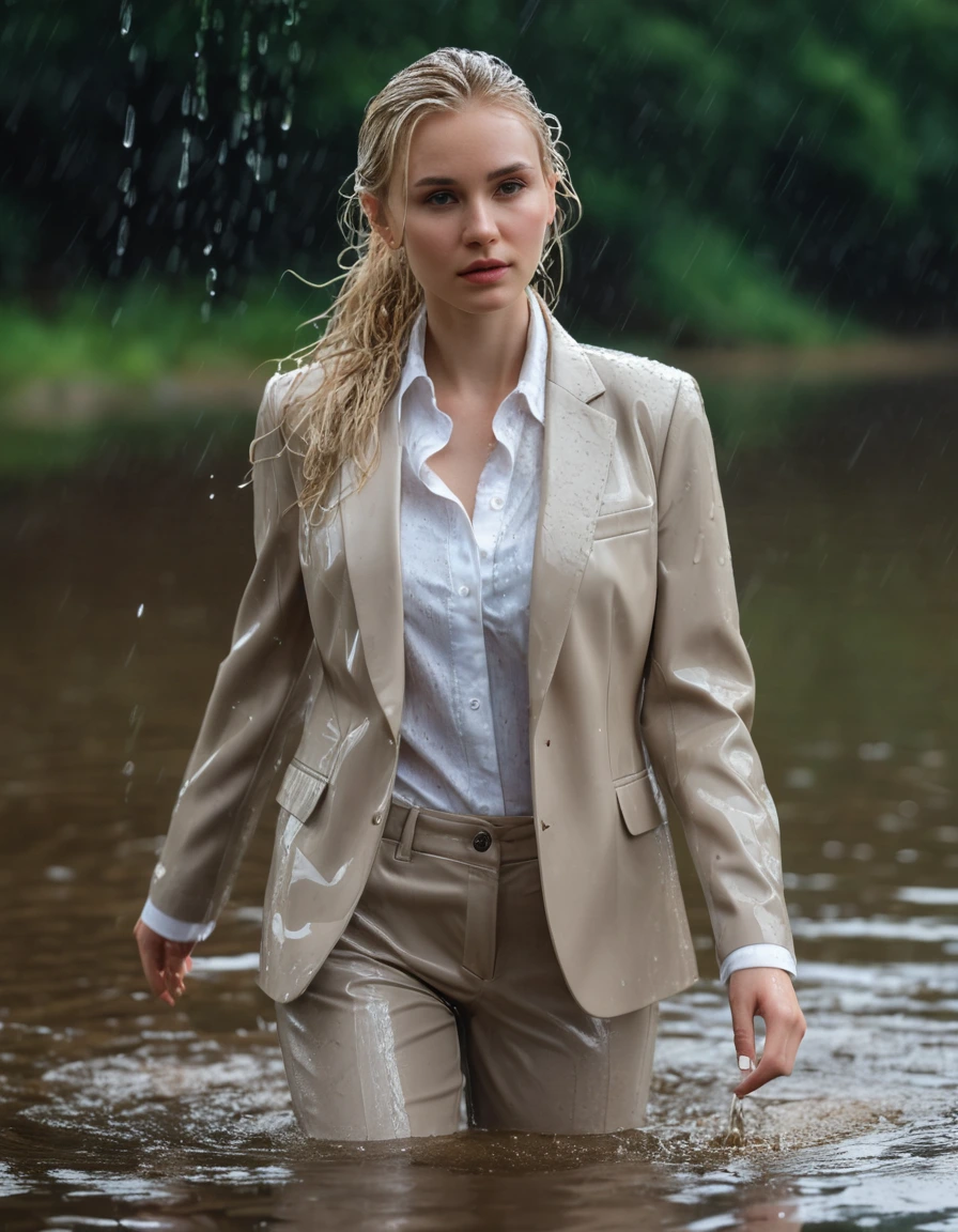 photo of young woman, in soaking wet, drenched clothes,
Beige Long Business Trouser, Beige Business Suit Jacket with white button down business shirt longsleeve, Clear Mountain lake with heavy rain, 
enjoying, wet clothes stuck to body,
detailed textures of the wet clothes, wet face, wet plastered hair,
wet, drenched, professional, high-quality details, full body view.
sharp focus, ultra-high pixel detail, realistic, high-quality, full colors, incredibly detailed, 4k, 8k, 16k, hyper-realistic, RAW photo, masterpiece, ultra-detailed, professionally color graded, professional photograph, young elegant beautiful white Blonde women, breast deep submerged, under a big rainshower, fully clothed, completely soaked, fully drenched, completely wet, wetlook, heavy rain, side parting, long hair, rain storm, looks confidently into camera,, dry skin, dry clothes, dry fabric