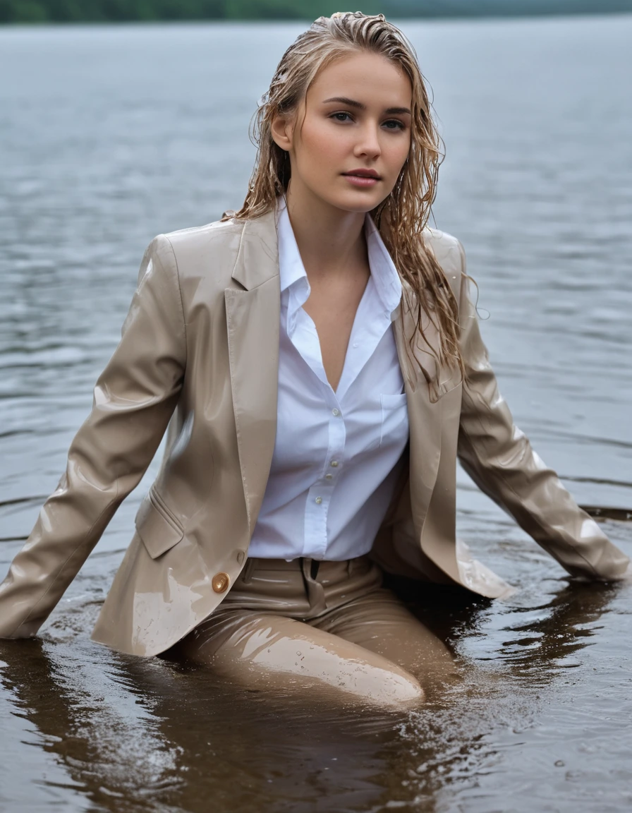 photo of young woman, in soaking wet, drenched clothes,
Beige Long Business Trouser, Beige Business Suit Jacket with white button down business shirt longsleeve, Clear Mountain lake with heavy rain, 
enjoying, wet clothes stuck to body,
detailed textures of the wet clothes, wet face, wet plastered hair,
wet, drenched, professional, high-quality details, full body view.
sharp focus, ultra-high pixel detail, realistic, high-quality, full colors, incredibly detailed, 4k, 8k, 16k, hyper-realistic, RAW photo, masterpiece, ultra-detailed, professionally color graded, professional photograph, young elegant beautiful white Blonde women, breast deep submerged, under a big rainshower, fully clothed, completely soaked, fully drenched, completely wet, wetlook, heavy rain, side parting, long hair, rain storm, looks confidently into camera,, dry skin, dry clothes, dry fabric