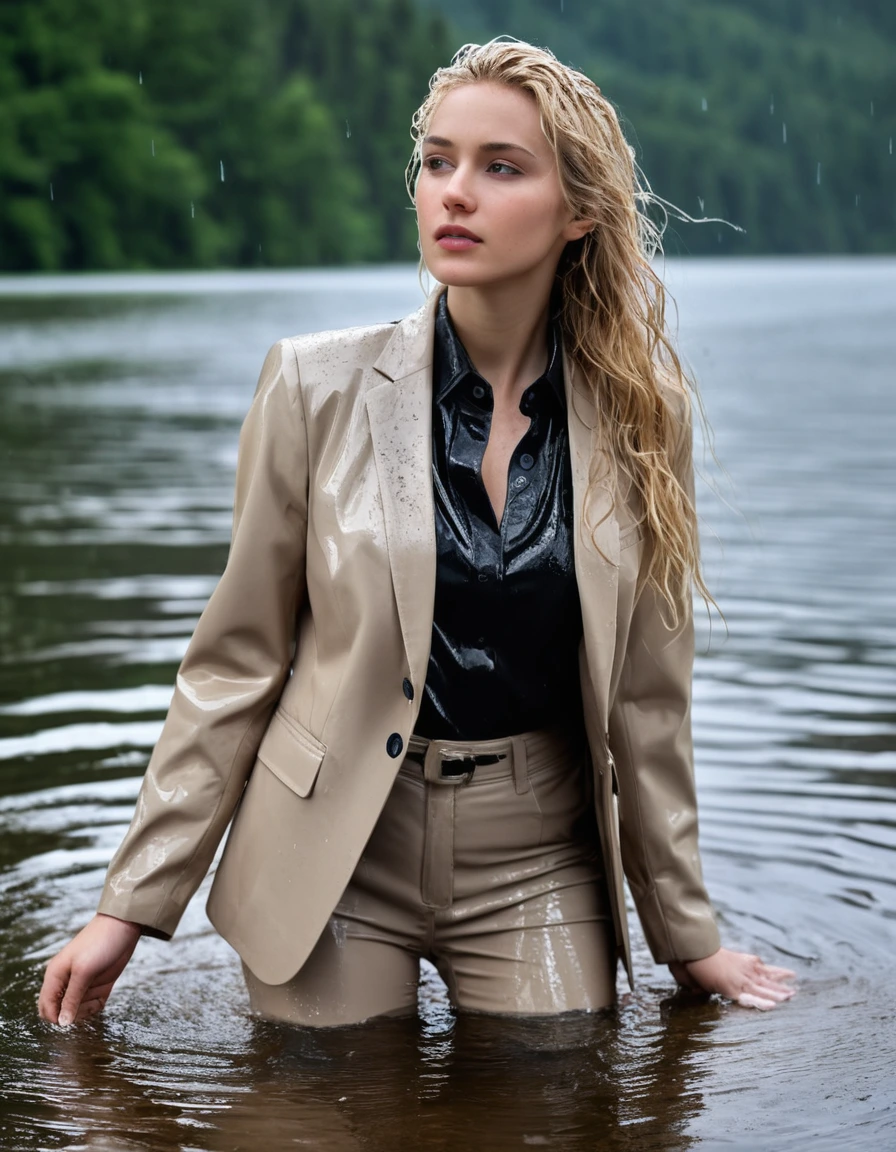 photo of young woman, in soaking wet, drenched clothes,
Beige Long Business Trouser, Beige Business Suit Jacket with Black button down business shirt longsleeve, Clear Mountain lake with heavy rain, 
enjoying, wet clothes stuck to body,
detailed textures of the wet clothes, wet face, wet plastered hair,
wet, drenched, professional, high-quality details, full body view.
sharp focus, ultra-high pixel detail, realistic, high-quality, full colors, incredibly detailed, 4k, 8k, 16k, hyper-realistic, RAW photo, masterpiece, ultra-detailed, professionally color graded, professional photograph, young elegant beautiful white Blonde women, breast deep submerged, under a big rainshower, fully clothed, completely soaked, fully drenched, completely wet, wetlook, heavy rain, side parting, long hair, rain storm, looks confidently into camera,, dry skin, dry clothes, dry fabric