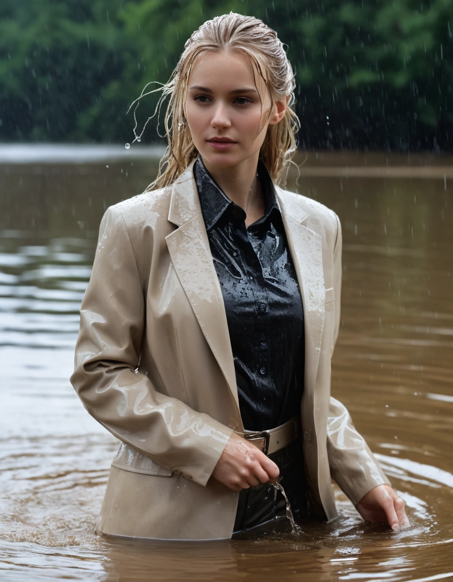 photo of young woman, in soaking wet, drenched clothes,
Beige Long Business Trouser, Beige Business Suit Jacket with Black button down business shirt longsleeve, Clear Mountain lake with heavy rain, 
enjoying, wet clothes stuck to body,
detailed textures of the wet clothes, wet face, wet plastered hair,
wet, drenched, professional, high-quality details, full body view.
sharp focus, ultra-high pixel detail, realistic, high-quality, full colors, incredibly detailed, 4k, 8k, 16k, hyper-realistic, RAW photo, masterpiece, ultra-detailed, professionally color graded, professional photograph, young elegant beautiful white Blonde women, breast deep submerged, under a big rainshower, fully clothed, completely soaked, fully drenched, completely wet, wetlook, heavy rain, side parting, long hair, rain storm, looks confidently into camera,, dry skin, dry clothes, dry fabric