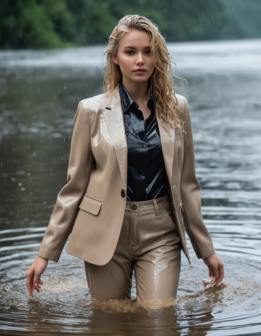 photo of young woman, in soaking wet, drenched clothes,
Beige Long Business Trouser, Beige Business Suit Jacket with Black button down business shirt longsleeve, Clear Mountain lake with heavy rain, 
enjoying, wet clothes stuck to body,
detailed textures of the wet clothes, wet face, wet plastered hair,
wet, drenched, professional, high-quality details, full body view.
sharp focus, ultra-high pixel detail, realistic, high-quality, full colors, incredibly detailed, 4k, 8k, 16k, hyper-realistic, RAW photo, masterpiece, ultra-detailed, professionally color graded, professional photograph, young elegant beautiful white Blonde women, breast deep submerged, under a big rainshower, fully clothed, completely soaked, fully drenched, completely wet, wetlook, heavy rain, side parting, long hair, rain storm, looks confidently into camera,, dry skin, dry clothes, dry fabric
