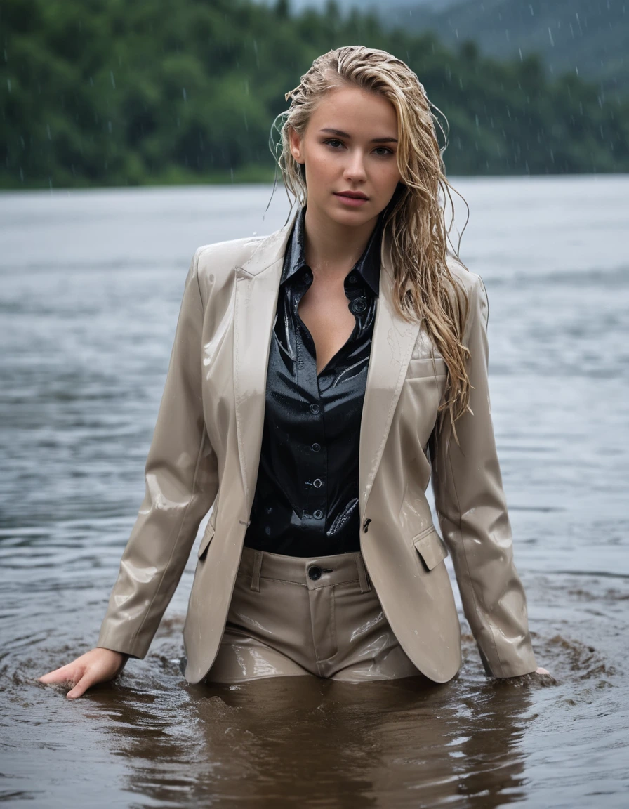photo of young woman, in soaking wet, drenched clothes,
Beige Long Business Trouser, Beige Business Suit Jacket with Black button down business shirt longsleeve, Clear Mountain lake with heavy rain, 
enjoying, wet clothes stuck to body,
detailed textures of the wet clothes, wet face, wet plastered hair,
wet, drenched, professional, high-quality details, full body view.
sharp focus, ultra-high pixel detail, realistic, high-quality, full colors, incredibly detailed, 4k, 8k, 16k, hyper-realistic, RAW photo, masterpiece, ultra-detailed, professionally color graded, professional photograph, young elegant beautiful white Blonde women, breast deep submerged, under a big rainshower, fully clothed, completely soaked, fully drenched, completely wet, wetlook, heavy rain, side parting, long hair, rain storm, looks confidently into camera,, dry skin, dry clothes, dry fabric