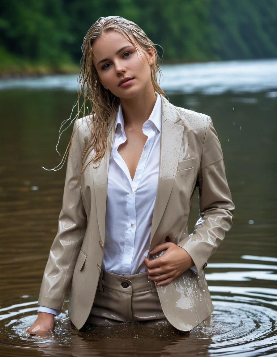 photo of young woman, in soaking wet, drenched clothes,
Beige Long Business Trouser, Beige Business Suit Jacket with white button down business shirt longsleeve, Clear Mountain lake with heavy rain, 
enjoying, wet clothes stuck to body,
detailed textures of the wet clothes, wet face, wet plastered hair,
wet, drenched, professional, high-quality details, full body view.
sharp focus, ultra-high pixel detail, realistic, high-quality, full colors, incredibly detailed, 4k, 8k, 16k, hyper-realistic, RAW photo, masterpiece, ultra-detailed, professionally color graded, professional photograph, young elegant beautiful white Blonde women, breast deep submerged, under a big rainshower, fully clothed, completely soaked, fully drenched, completely wet, wetlook, heavy rain, side parting, long hair, rain storm, looks confidently into camera,, dry skin, dry clothes, dry fabric