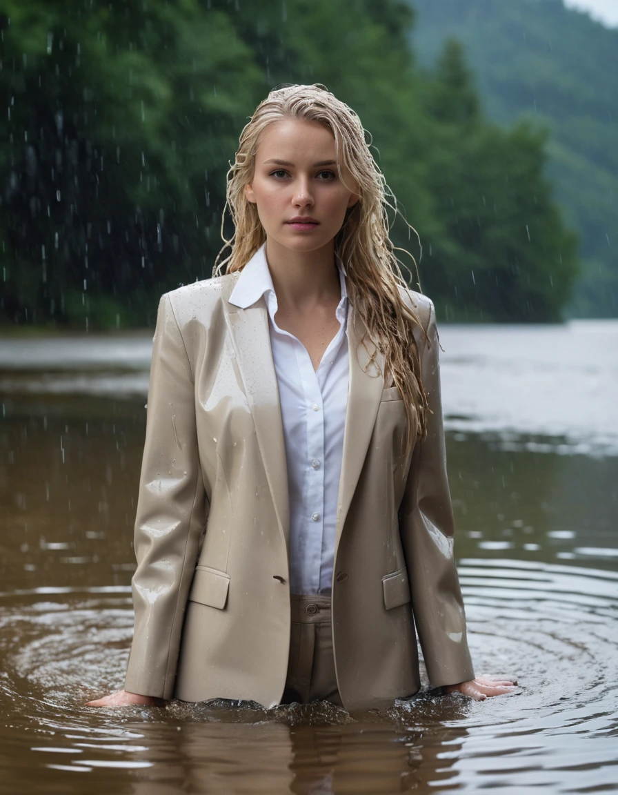 photo of young woman, in soaking wet, drenched clothes,
Beige Long Business Trouser, Beige Business Suit Jacket with white button down business shirt longsleeve, Clear Mountain lake with heavy rain, 
enjoying, wet clothes stuck to body,
detailed textures of the wet clothes, wet face, wet plastered hair,
wet, drenched, professional, high-quality details, full body view.
sharp focus, ultra-high pixel detail, realistic, high-quality, full colors, incredibly detailed, 4k, 8k, 16k, hyper-realistic, RAW photo, masterpiece, ultra-detailed, professionally color graded, professional photograph, young elegant beautiful white Blonde women, breast deep submerged, under a big rainshower, fully clothed, completely soaked, fully drenched, completely wet, wetlook, heavy rain, side parting, long hair, rain storm, looks confidently into camera,, dry skin, dry clothes, dry fabric