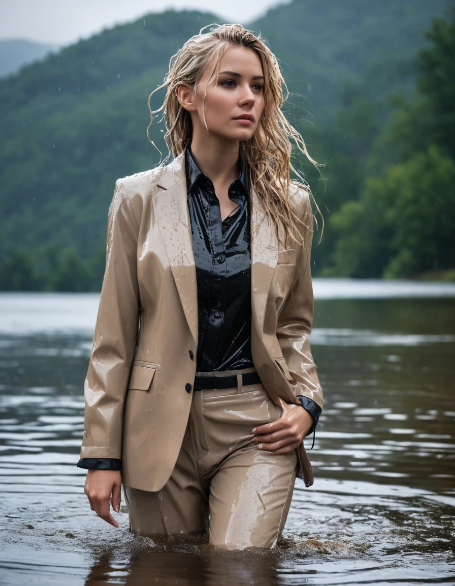 photo of young woman, in soaking wet, drenched clothes,
Beige Long Business Trouser, Beige Business Suit Jacket with Black button down business shirt longsleeve, Clear Mountain lake with heavy rain, 
enjoying, wet clothes stuck to body,
detailed textures of the wet clothes, wet face, wet plastered hair,
wet, drenched, professional, high-quality details, full body view.
sharp focus, ultra-high pixel detail, realistic, high-quality, full colors, incredibly detailed, 4k, 8k, 16k, hyper-realistic, RAW photo, masterpiece, ultra-detailed, professionally color graded, professional photograph, young elegant beautiful white Blonde women, breast deep submerged, under a big rainshower, fully clothed, completely soaked, fully drenched, completely wet, wetlook, heavy rain, side parting, long hair, rain storm, looks confidently into camera,, dry skin, dry clothes, dry fabric