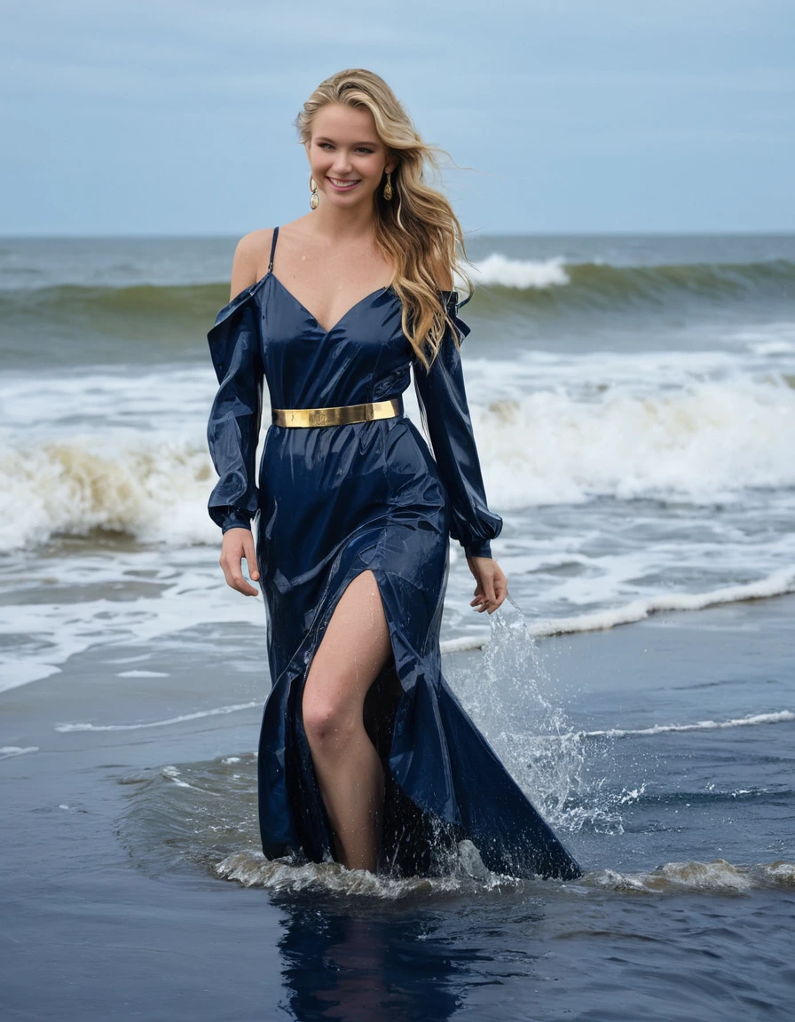 photo of young woman, in soaking wet, drenched clothes,
strappy high heels, soaked, navy blue floor-length prom dress with ruffles and sleeves soaking wet, wet nude stockings, wet garter belt, navy blue floor-length prom dress with ruffles and sleeves soaking wet, clinging to skin, in the waves at the ocean, 
enjoying, wet clothes stuck to body,
detailed textures of the wet clothes, wet face, wet plastered hair,
wet, drenched, professional, high-quality details, full body view.
sharp focus, ultra-high pixel detail, realistic, high-quality, full colors, incredibly detailed, 4k, 8k, 16k, hyper-realistic, RAW photo, masterpiece, ultra-detailed, professionally color graded, professional photograph, smile, wet long blonde hair, gold belt, gold earrings, gold necklace, dry skin, dry clothes, dry fabric