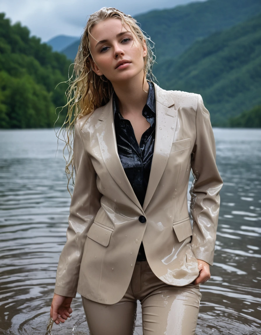 photo of young woman, in soaking wet, drenched clothes,
Beige Long Business Trouser, Beige Business Suit Jacket with Black button down business shirt longsleeve, Clear Mountain lake with heavy rain, 
enjoying, wet clothes stuck to body,
detailed textures of the wet clothes, wet face, wet plastered hair,
wet, drenched, professional, high-quality details, full body view.
sharp focus, ultra-high pixel detail, realistic, high-quality, full colors, incredibly detailed, 4k, 8k, 16k, hyper-realistic, RAW photo, masterpiece, ultra-detailed, professionally color graded, professional photograph, young elegant beautiful white Blonde women, breast deep submerged, under a big rainshower, fully clothed, completely soaked, fully drenched, completely wet, wetlook, heavy rain, side parting, long hair, rain storm, looks confidently into camera,, dry skin, dry clothes, dry fabric