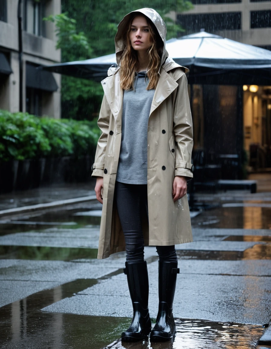 photo of young woman, in soaking wet, drenched clothes,
black rubber knee-high rain boots, charcoal grey skinny jeans, oversized beige hooded trench coat, asphalt hotel driveway under a glowing awning, 
enjoying, wet clothes stuck to body,
detailed textures of the wet clothes, wet face, wet plastered hair,
wet, drenched, professional, high-quality details, full body view.
sharp focus, ultra-high pixel detail, realistic, high-quality, full colors, incredibly detailed, 4k, 8k, 16k, hyper-realistic, RAW photo, masterpiece, ultra-detailed, professionally color graded, professional photograph, heavy rainfall, drenched fabric clinging to skin, glistening wet surfaces, hyper-realistic, 85mm lens, moody atmospheric lighting, raindrops on skin, motion blur from downpour, dry skin, dry clothes, dry fabric