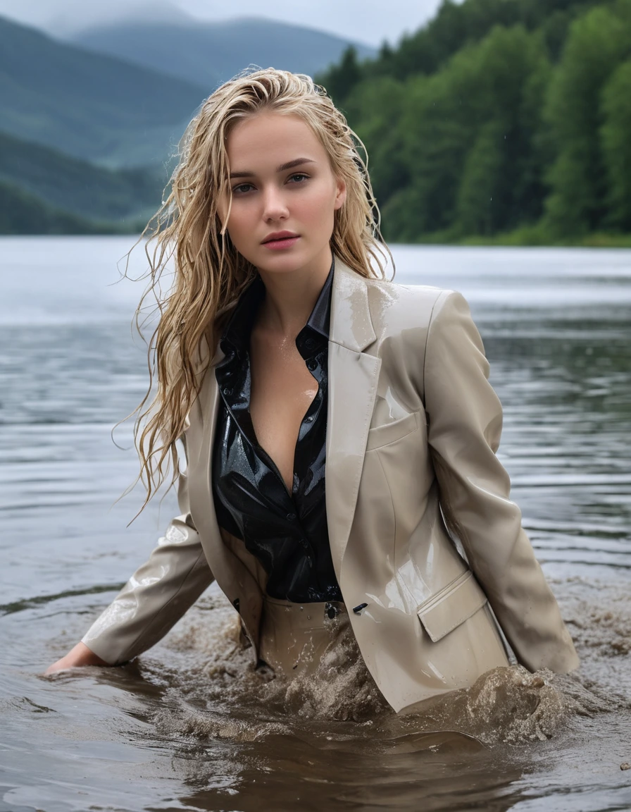 photo of young woman, in soaking wet, drenched clothes,
Beige Long Business Trouser, Beige Business Suit Jacket with Black button down business shirt longsleeve, Clear Mountain lake with heavy rain, 
enjoying, wet clothes stuck to body,
detailed textures of the wet clothes, wet face, wet plastered hair,
wet, drenched, professional, high-quality details, full body view.
sharp focus, ultra-high pixel detail, realistic, high-quality, full colors, incredibly detailed, 4k, 8k, 16k, hyper-realistic, RAW photo, masterpiece, ultra-detailed, professionally color graded, professional photograph, young elegant beautiful white Blonde women, breast deep submerged, under a big rainshower, fully clothed, completely soaked, fully drenched, completely wet, wetlook, heavy rain, side parting, long hair, rain storm, looks confidently into camera,, dry skin, dry clothes, dry fabric