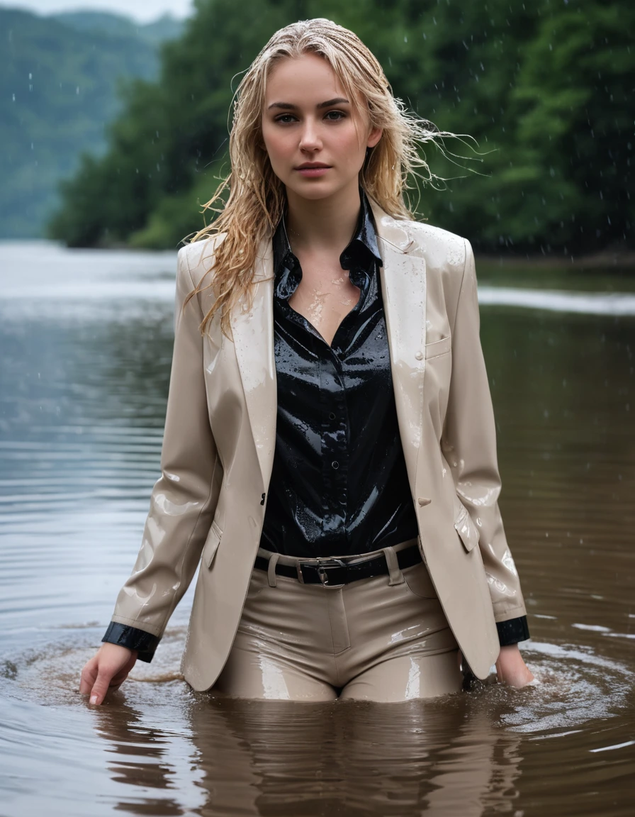 photo of young woman, in soaking wet, drenched clothes,
Beige Long Business Trouser, Beige Business Suit Jacket with Black button down business shirt longsleeve, Clear Mountain lake with heavy rain, 
enjoying, wet clothes stuck to body,
detailed textures of the wet clothes, wet face, wet plastered hair,
wet, drenched, professional, high-quality details, full body view.
sharp focus, ultra-high pixel detail, realistic, high-quality, full colors, incredibly detailed, 4k, 8k, 16k, hyper-realistic, RAW photo, masterpiece, ultra-detailed, professionally color graded, professional photograph, young elegant beautiful white Blonde women, breast deep submerged, under a big rainshower, fully clothed, completely soaked, fully drenched, completely wet, wetlook, heavy rain, side parting, long hair, rain storm, looks confidently into camera,, dry skin, dry clothes, dry fabric