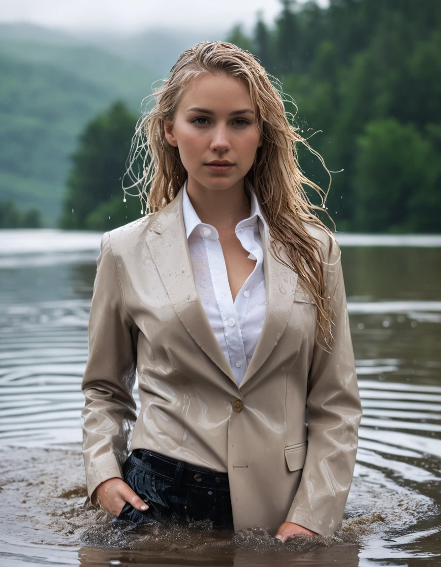 photo of young woman, in soaking wet, drenched clothes,
Beige Long Business Trouser, Beige Business Suit Jacket with white button down business shirt longsleeve, Clear Mountain lake with heavy rain, 
enjoying, wet clothes stuck to body,
detailed textures of the wet clothes, wet face, wet plastered hair,
wet, drenched, professional, high-quality details, full body view.
sharp focus, ultra-high pixel detail, realistic, high-quality, full colors, incredibly detailed, 4k, 8k, 16k, hyper-realistic, RAW photo, masterpiece, ultra-detailed, professionally color graded, professional photograph, young elegant beautiful white Blonde women, breast deep submerged, under a big rainshower, fully clothed, completely soaked, fully drenched, completely wet, wetlook, heavy rain, side parting, long hair, rain storm, looks confidently into camera,, dry skin, dry clothes, dry fabric