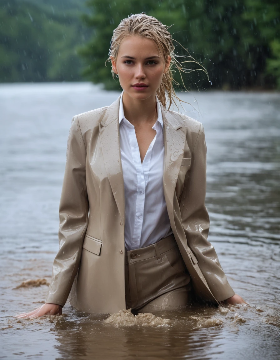 photo of young woman, in soaking wet, drenched clothes,
Beige Long Business Trouser, Beige Business Suit Jacket with white button down business shirt longsleeve, Clear Mountain lake with heavy rain, 
enjoying, wet clothes stuck to body,
detailed textures of the wet clothes, wet face, wet plastered hair,
wet, drenched, professional, high-quality details, full body view.
sharp focus, ultra-high pixel detail, realistic, high-quality, full colors, incredibly detailed, 4k, 8k, 16k, hyper-realistic, RAW photo, masterpiece, ultra-detailed, professionally color graded, professional photograph, young elegant beautiful white Blonde women, breast deep submerged, under a big rainshower, fully clothed, completely soaked, fully drenched, completely wet, wetlook, heavy rain, side parting, long hair, rain storm, looks confidently into camera,, dry skin, dry clothes, dry fabric